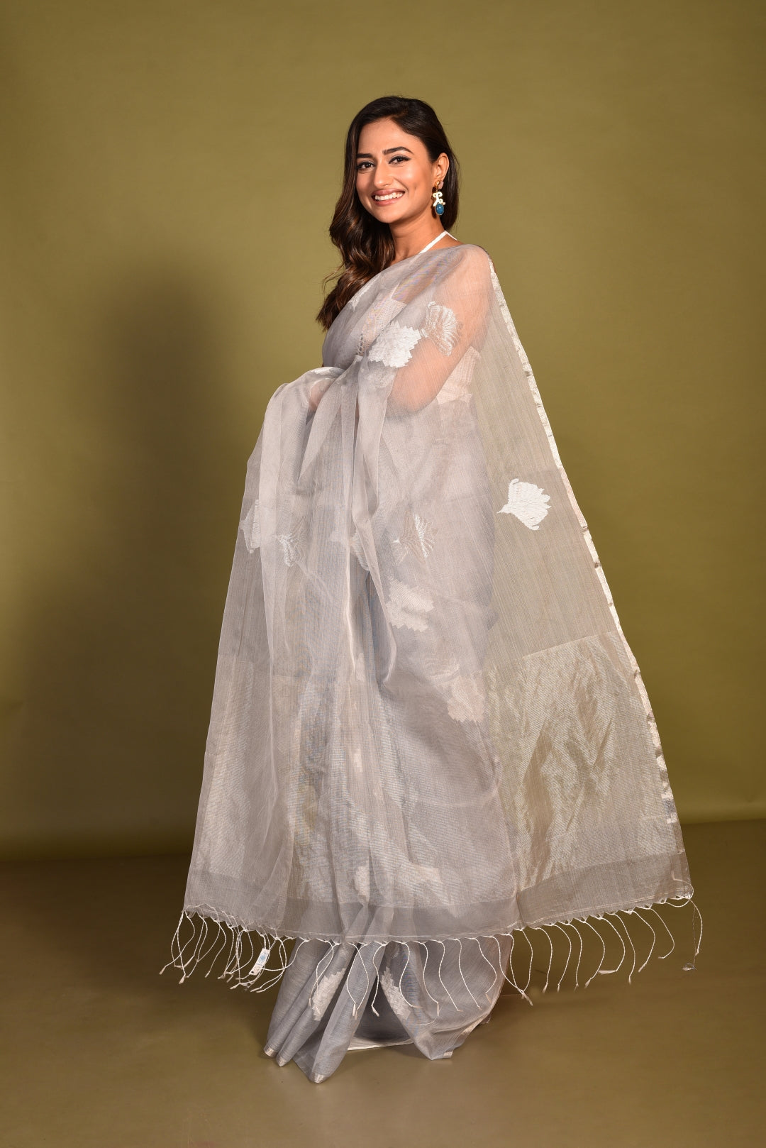 Grey Pure Organza Silk Handloom Saree