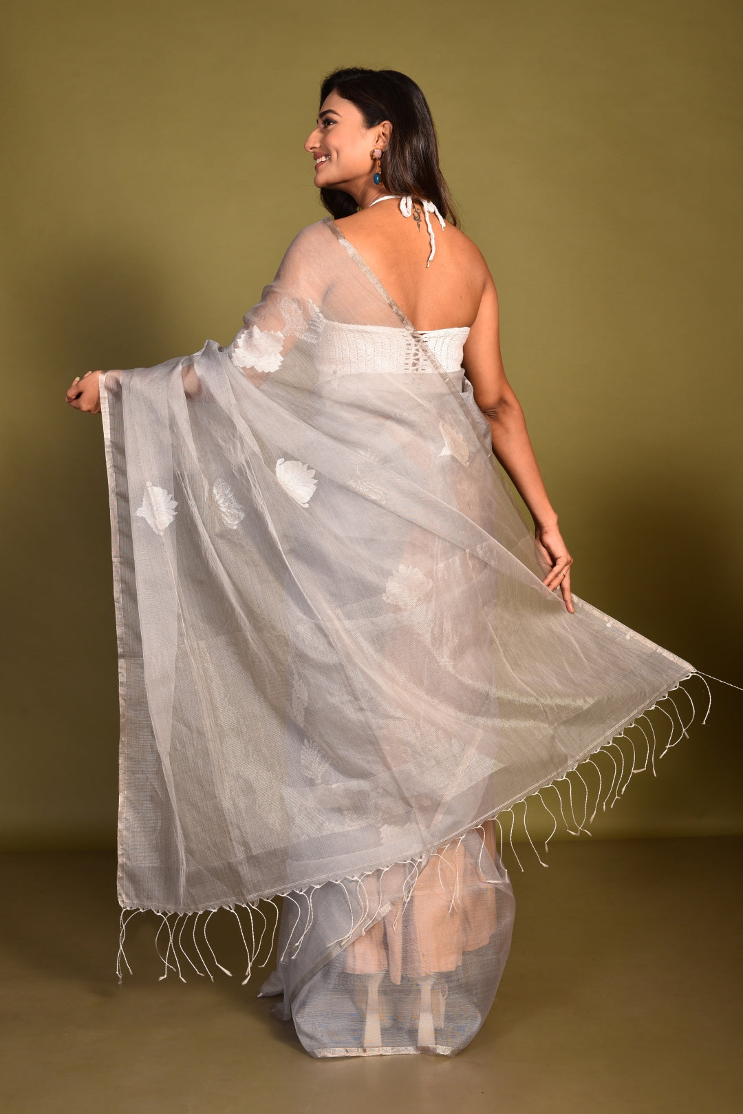 Grey Pure Organza Silk Handloom Saree