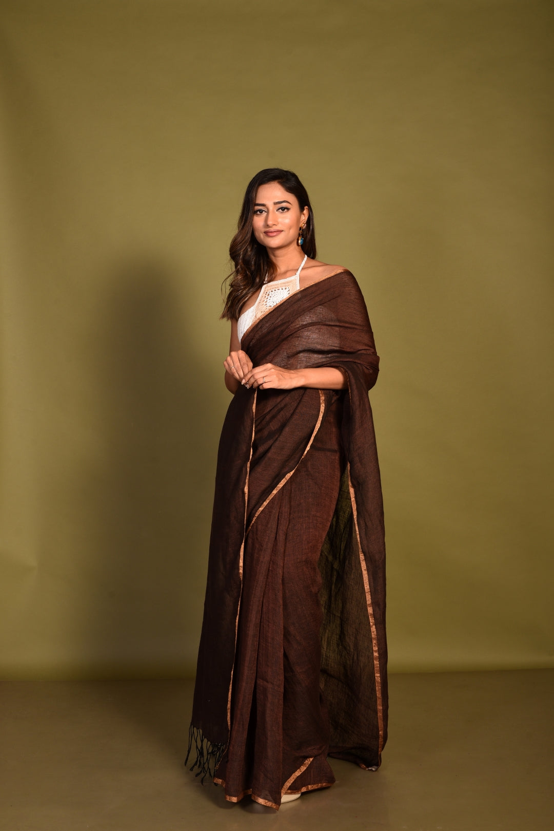 Brown Linen Handloom Saree