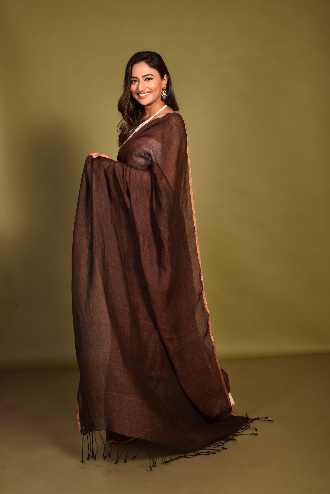 Brown Linen Handloom Saree