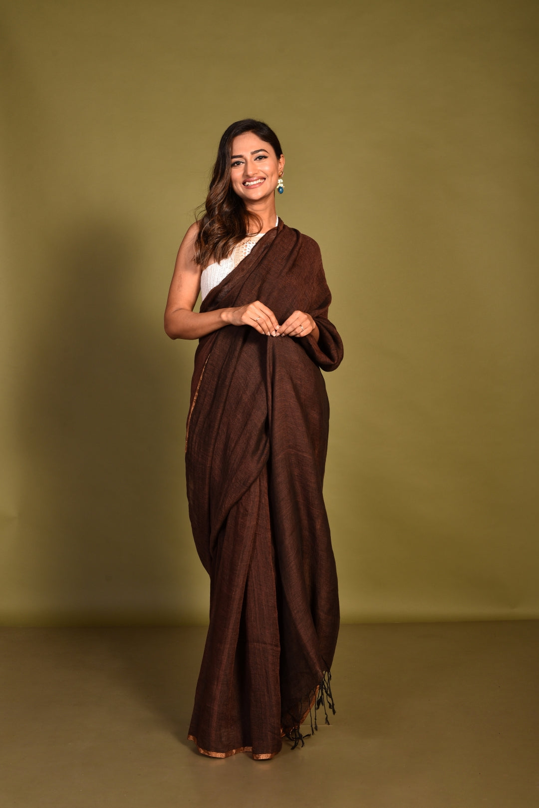 Brown Linen Handloom Saree