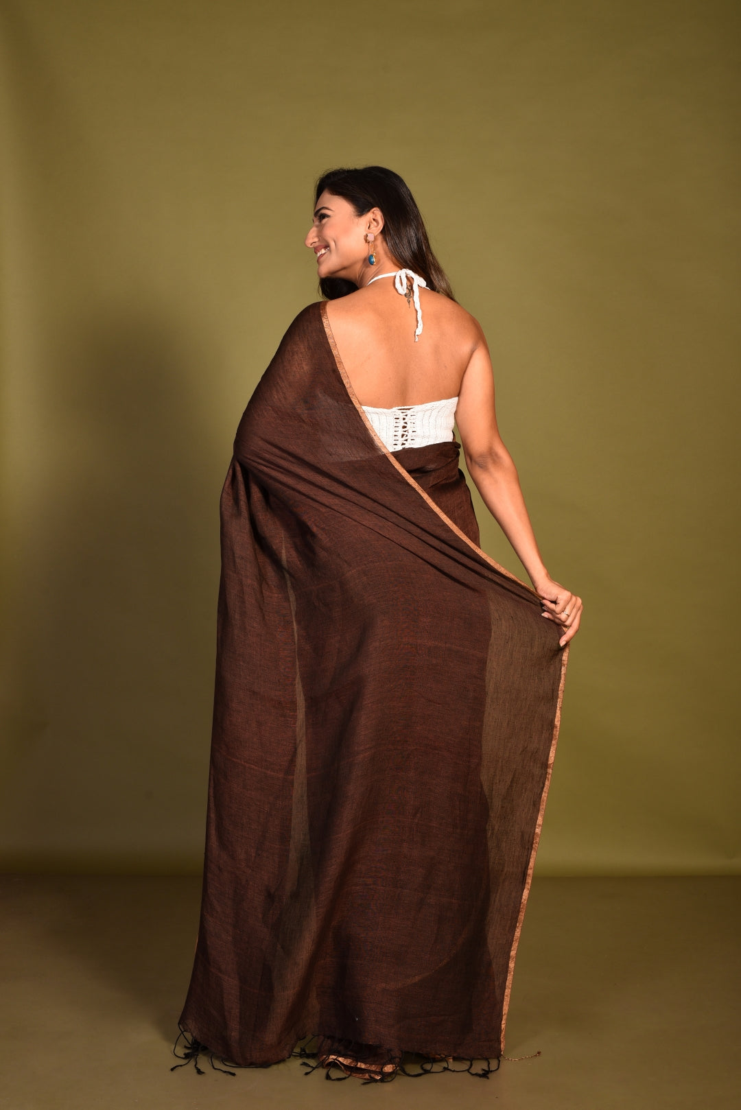 Brown Linen Handloom Saree