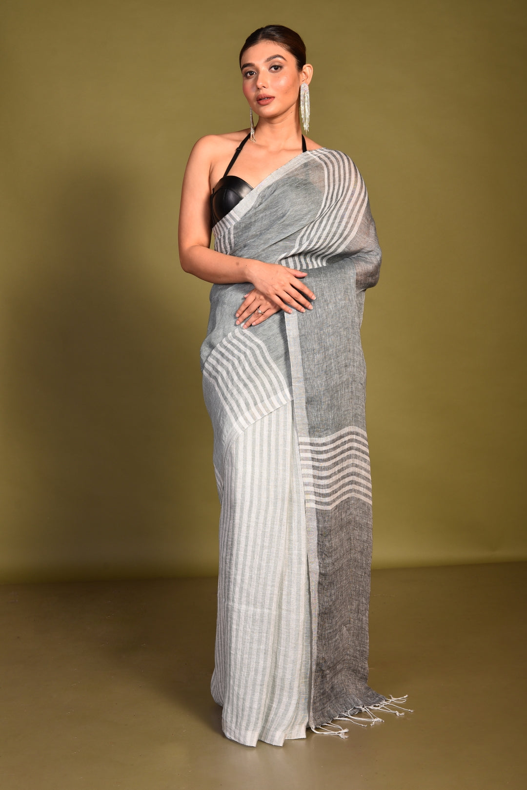 Grey Pure Linen Handloom Saree