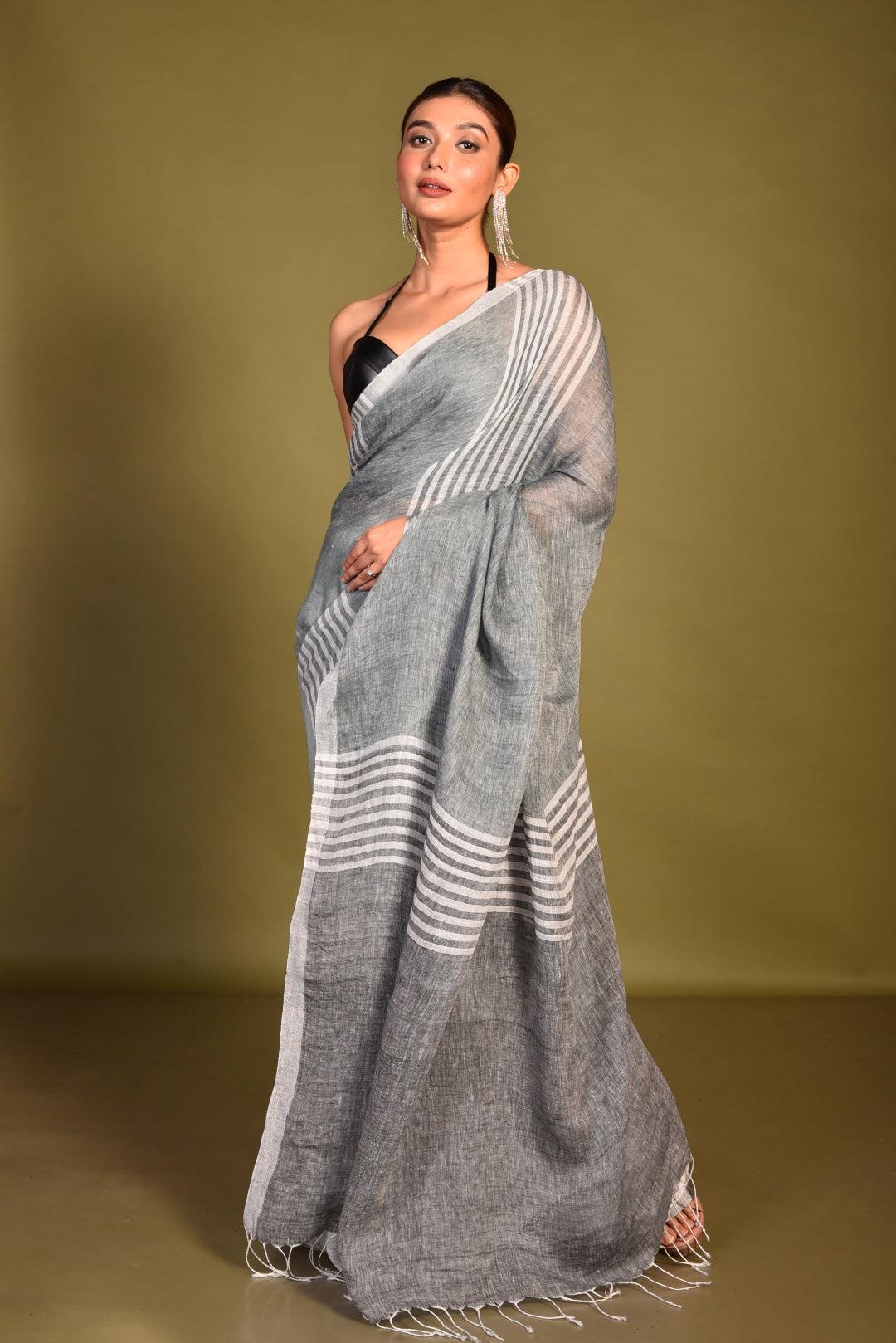 Grey Pure Linen Handloom Saree