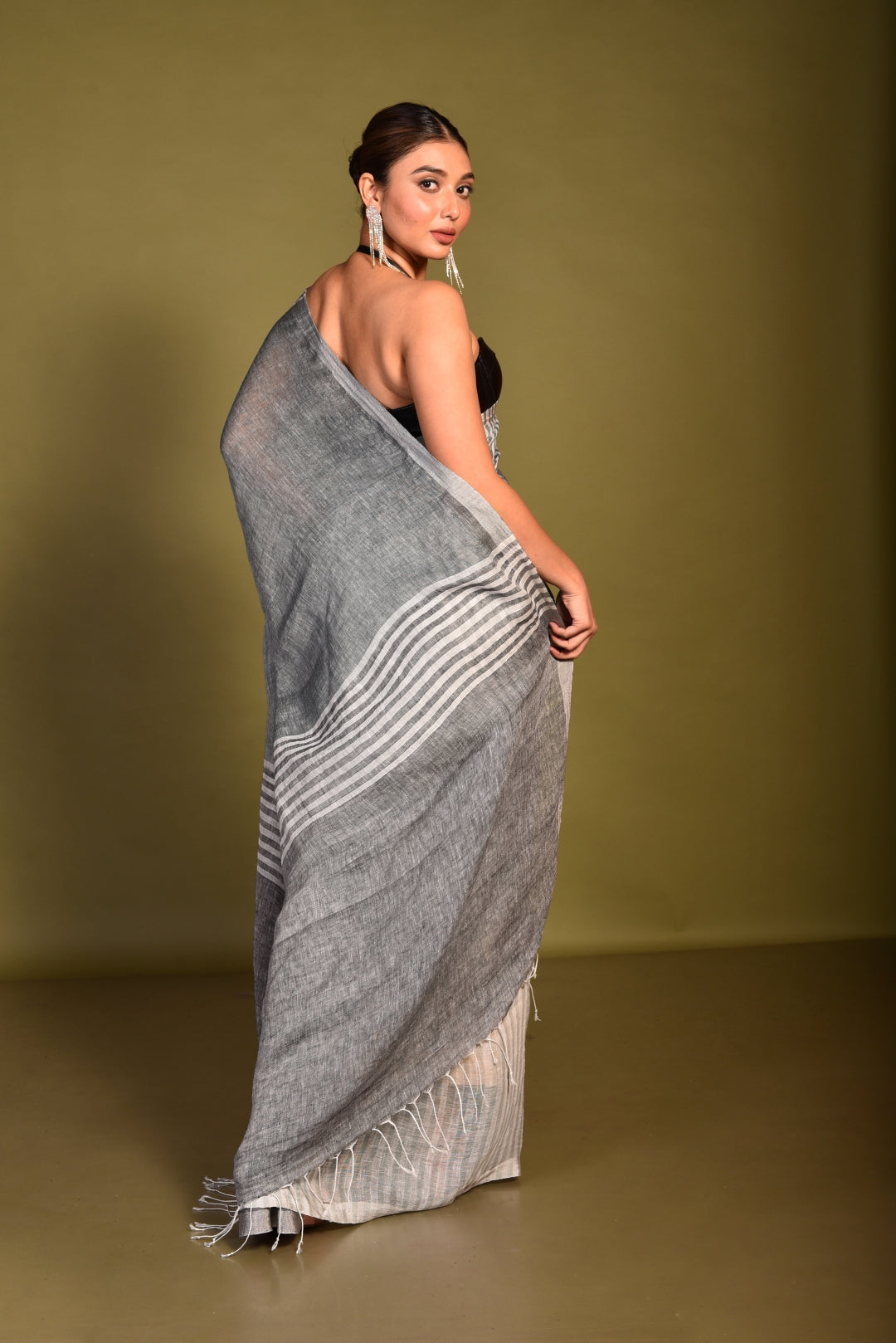 Grey Pure Linen Handloom Saree