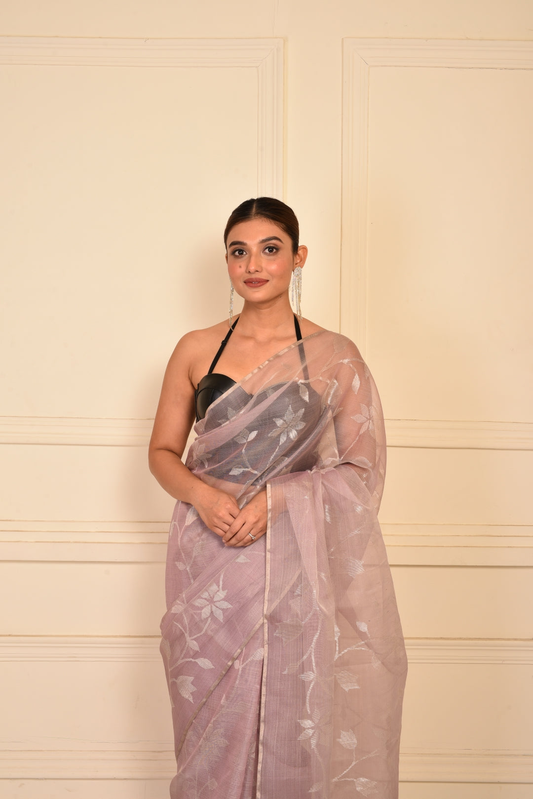 Mauve Pure Organza Silk Jamdani Handloom Saree
