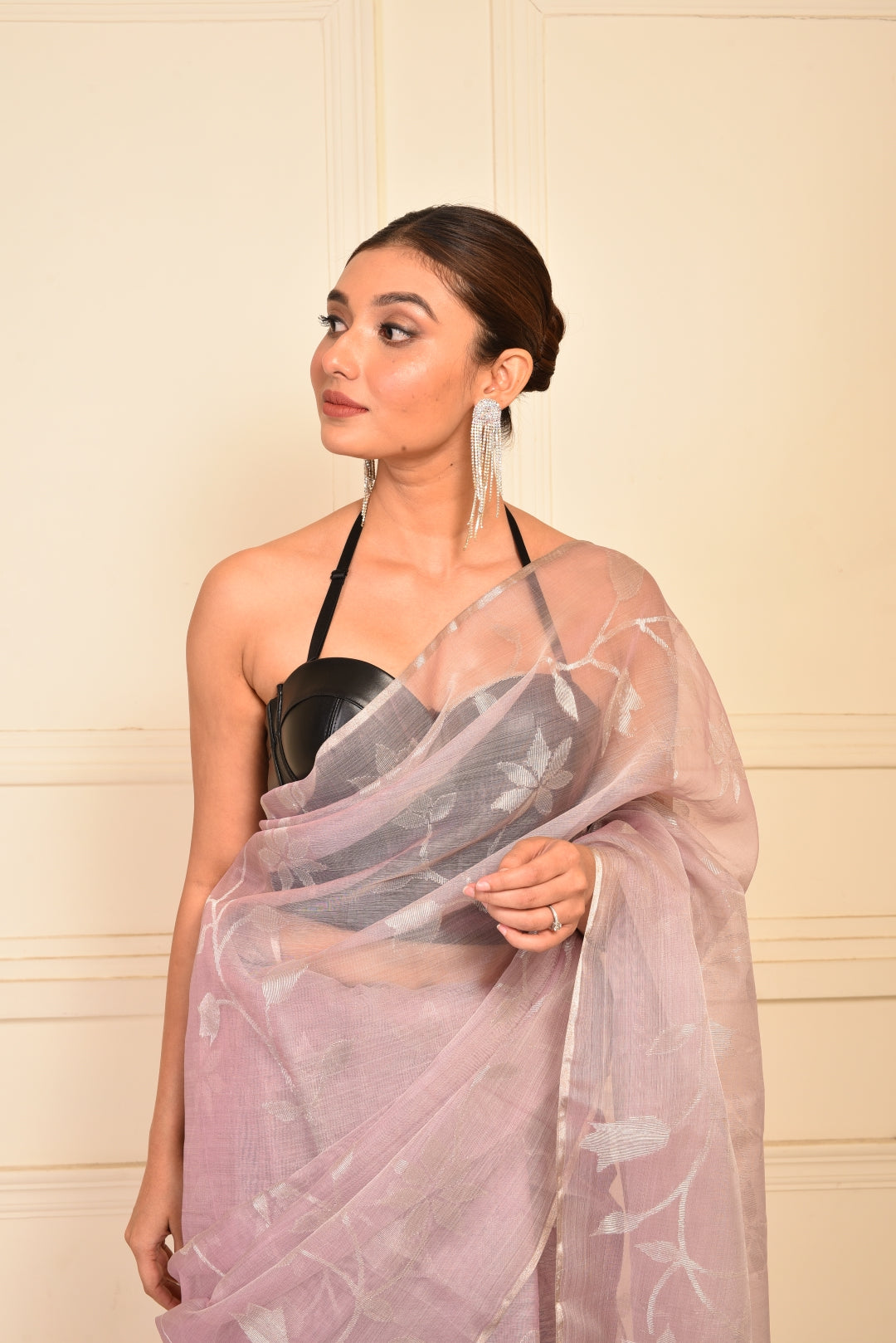 Mauve Pure Organza Silk Jamdani Handloom Saree