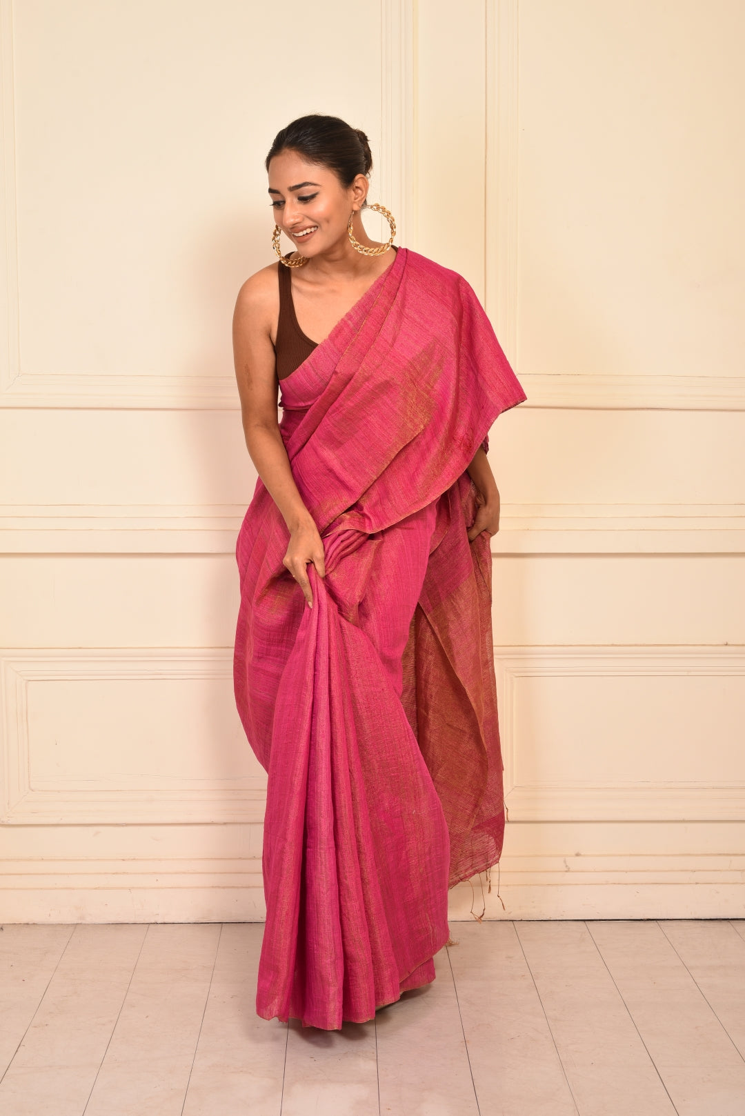 Fuchsia Pure Matka Tissue Handloom Saree