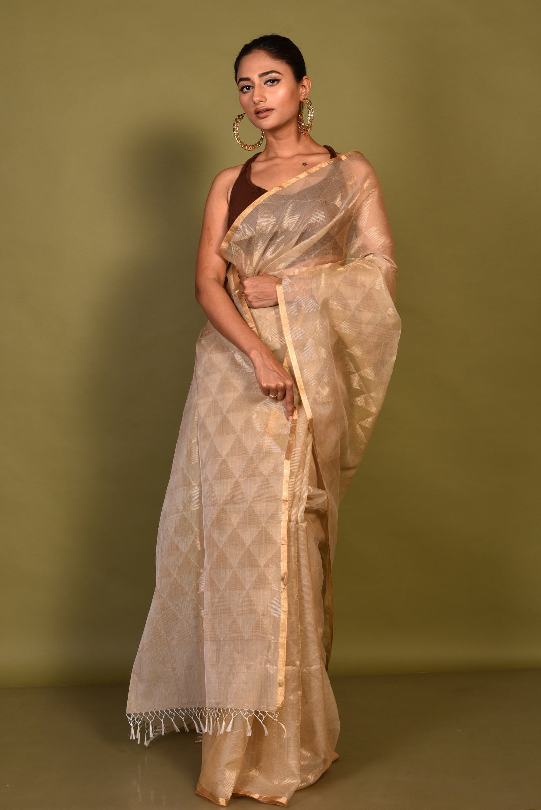 Beige Pure Organza Silk Jamdani Handloom Saree