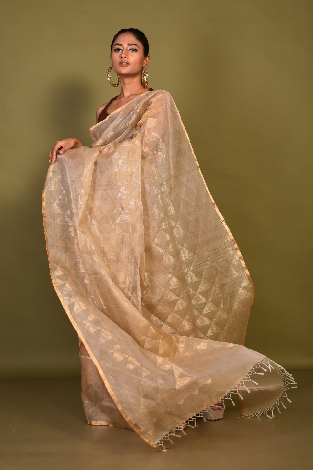 Beige Pure Organza Silk Jamdani Handloom Saree