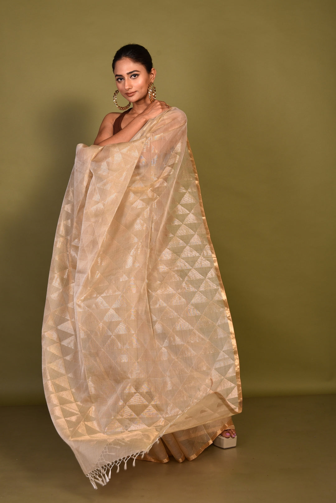 Beige Pure Organza Silk Jamdani Handloom Saree