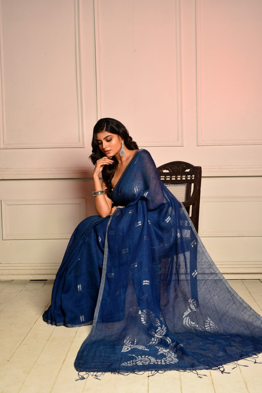 Indigo Pure Linen Jamdani Handloom Saree