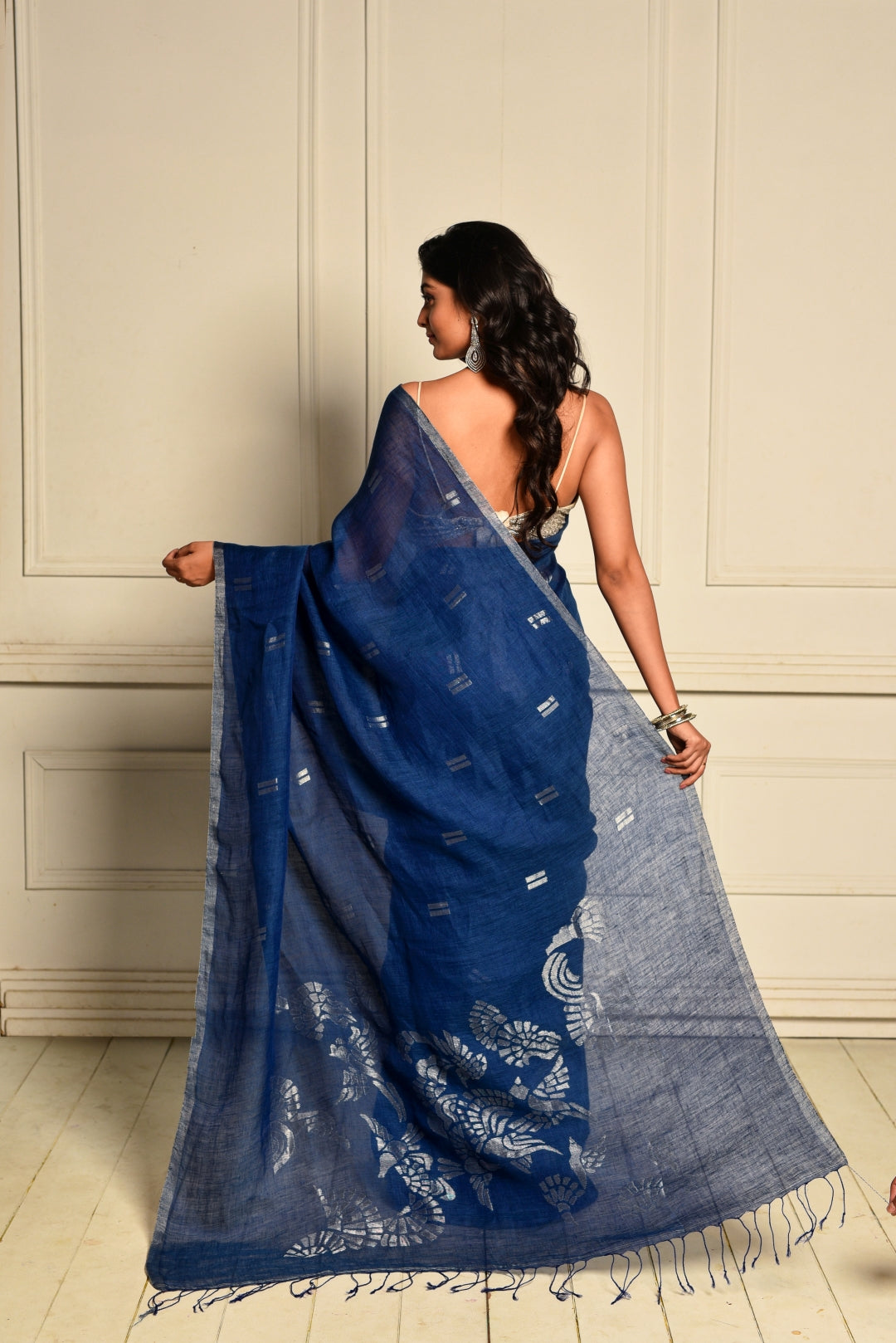 Indigo Pure Linen Jamdani Handloom Saree