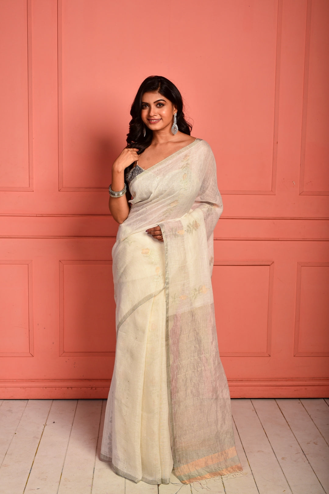 White Pure Linen Jamdani Handloom Saree