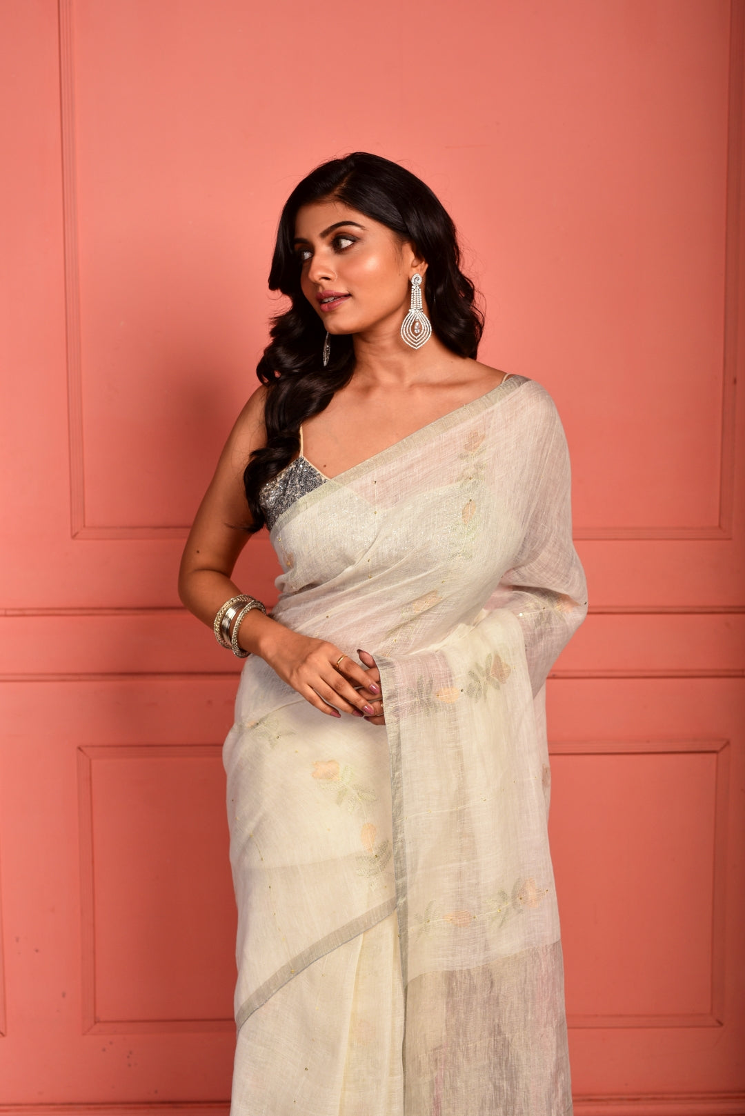 White Pure Linen Jamdani Handloom Saree