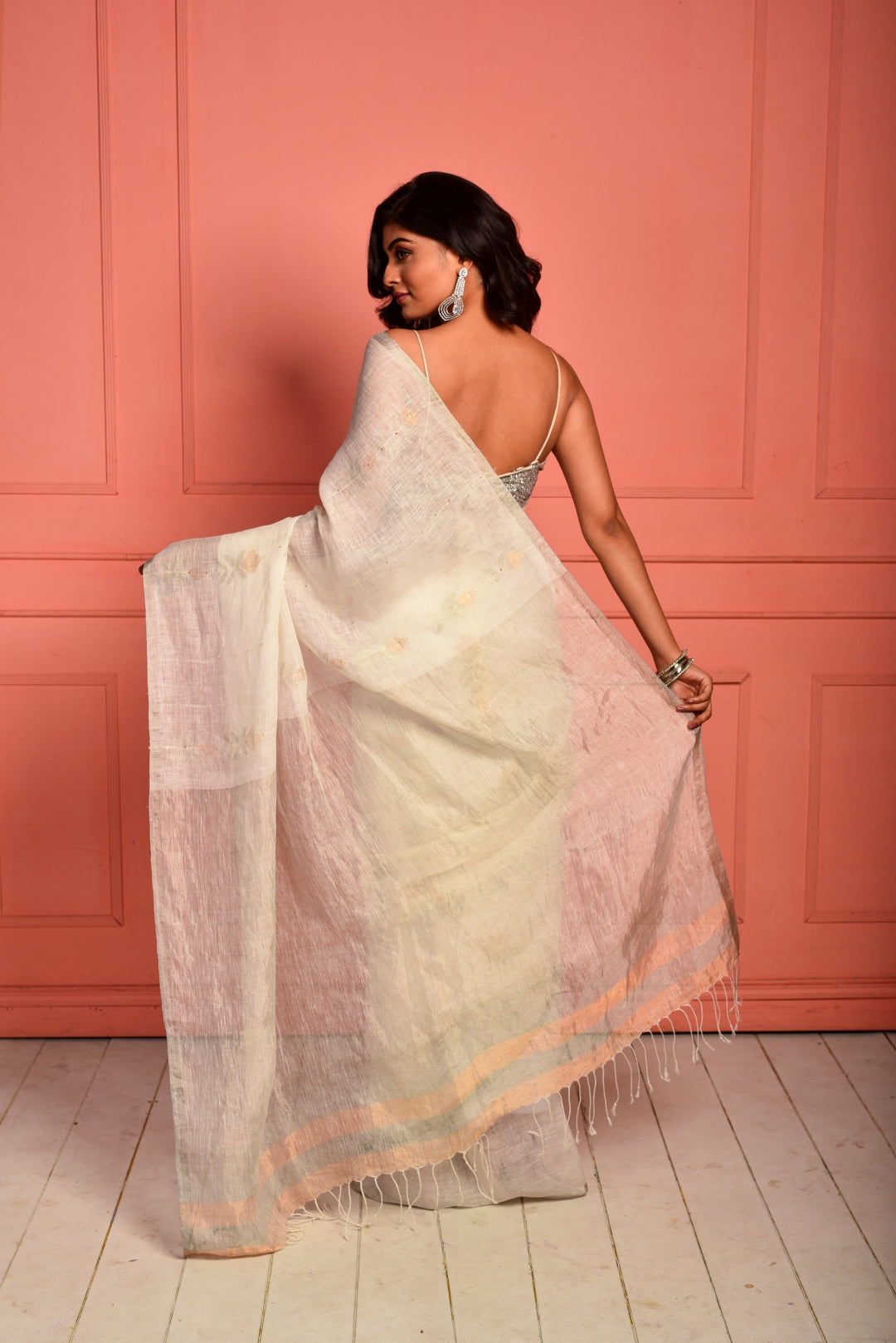 White Pure Linen Jamdani Handloom Saree