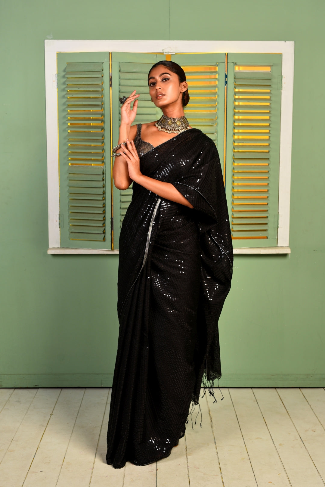 Black Pure Matka Silk Sequin Handloom Saree
