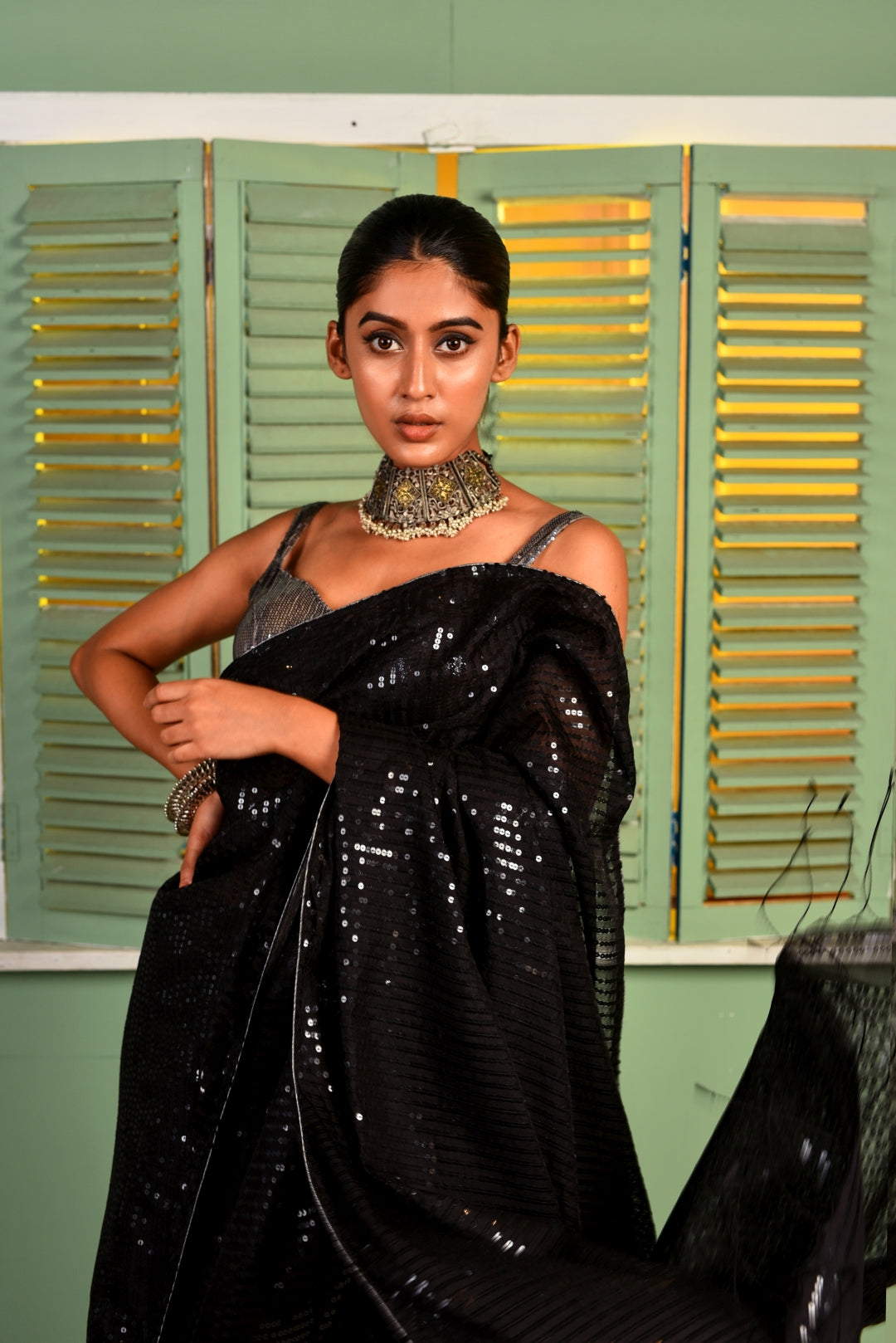 Black Pure Matka Silk Sequin Handloom Saree