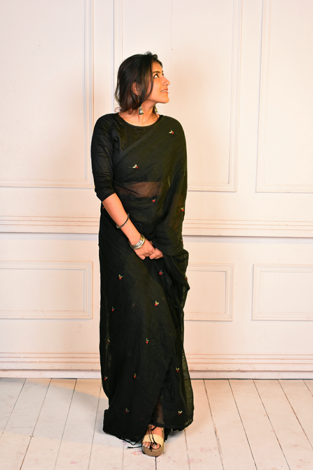 Black Pure Linen Handloom Saree