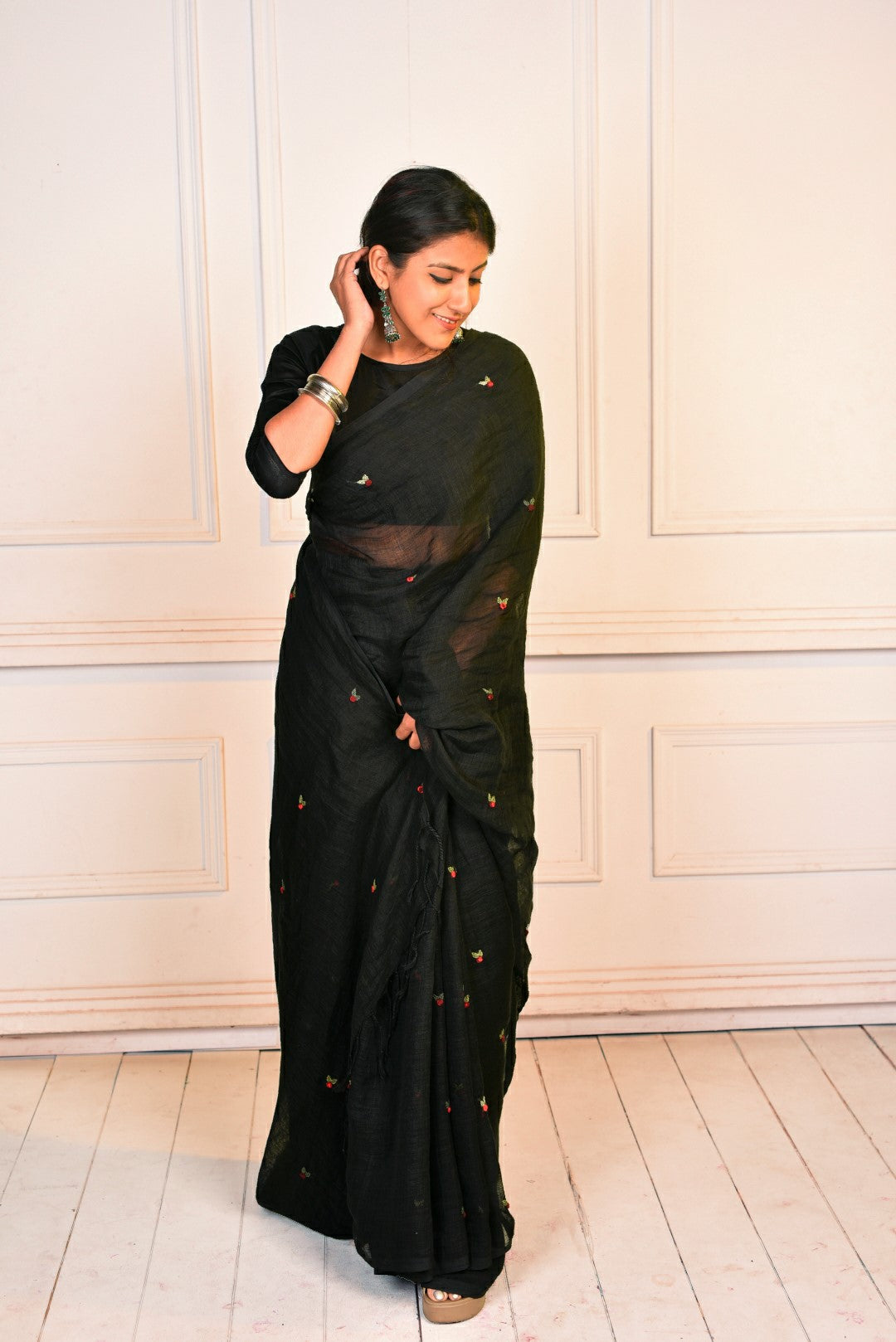 Black Pure Linen Handloom Saree