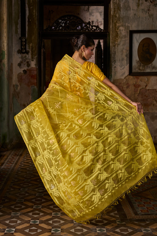 Yellow Pure Organza Silk Traditional Jamdani Saree