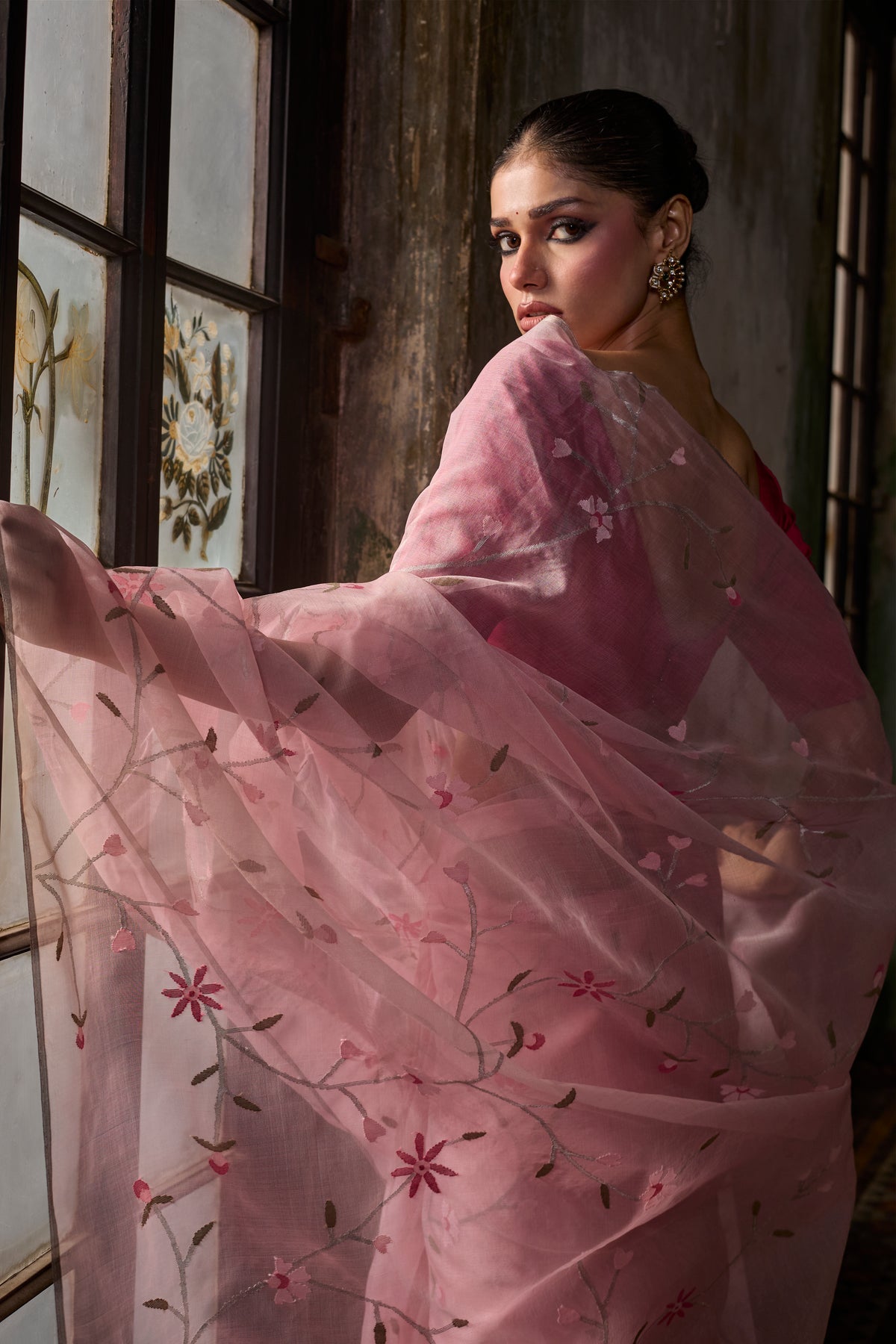 Pink Pure Organza Silk Jamdani Handloom Saree