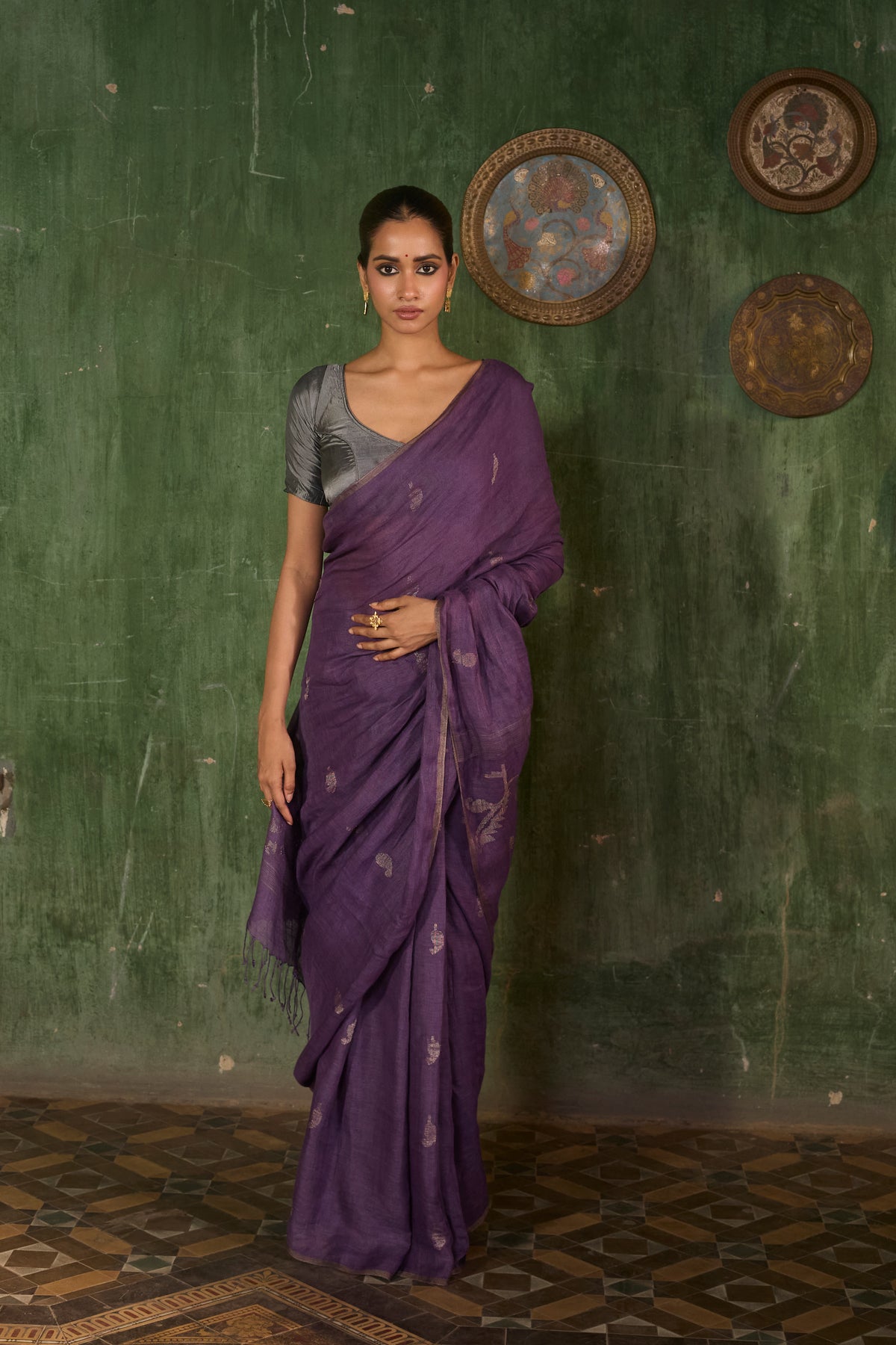 Purple Pure Linen Jamdani Handloom Saree