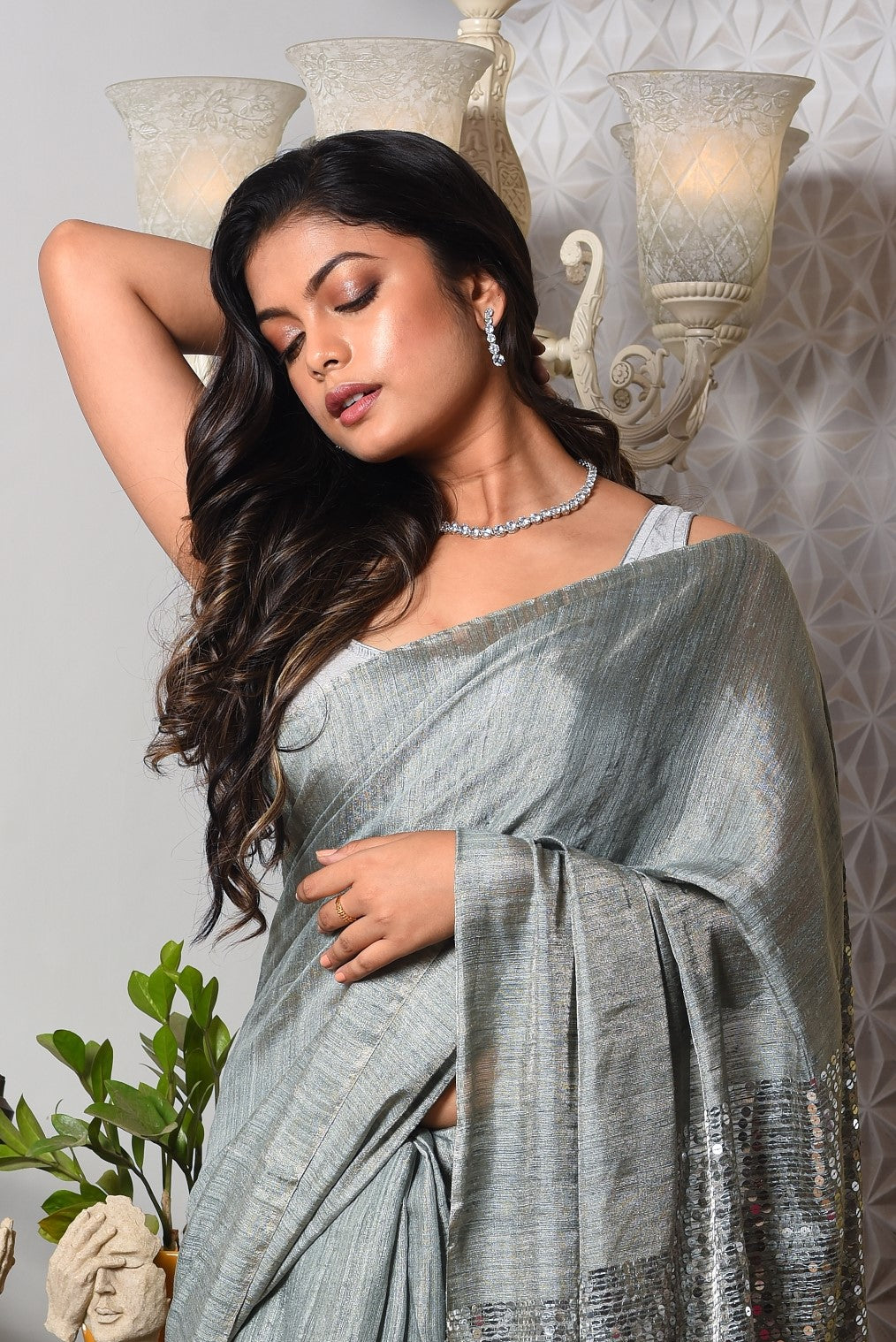 Grey Pure Matka Sequin Tissue Handloom Saree