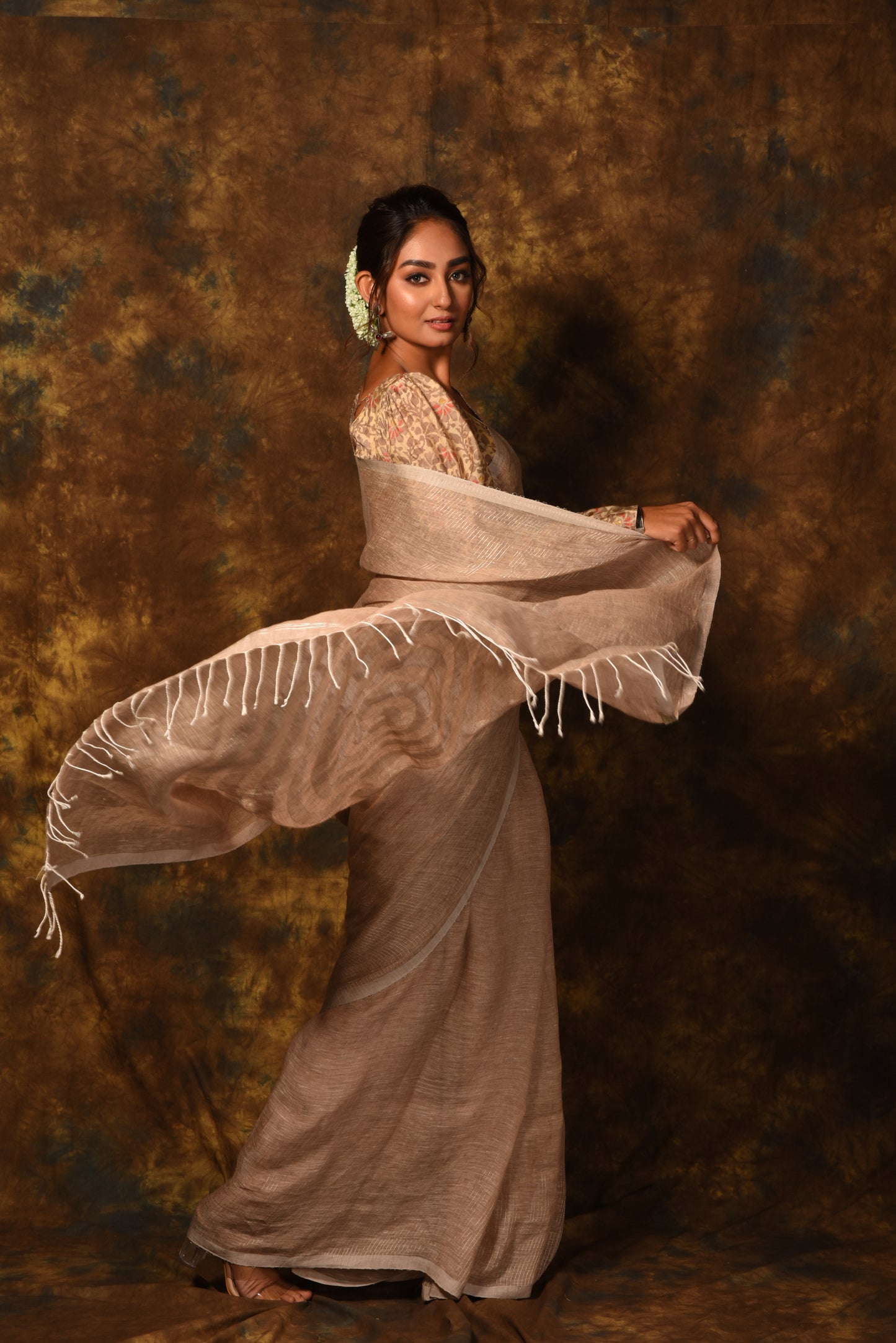 Brown Pure Linen Handloom Saree