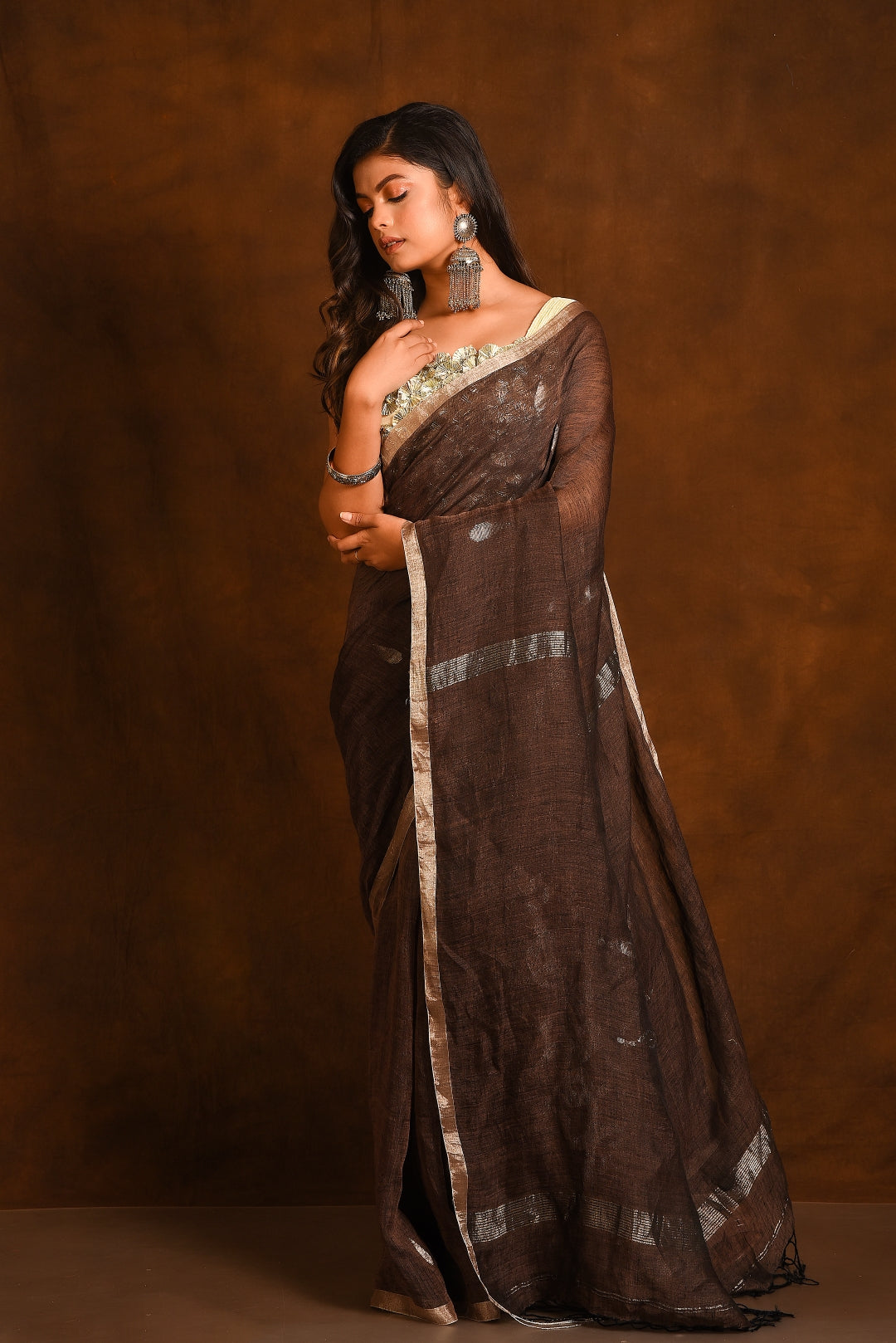 Brown Pure Linen Jamdani Handloom Saree