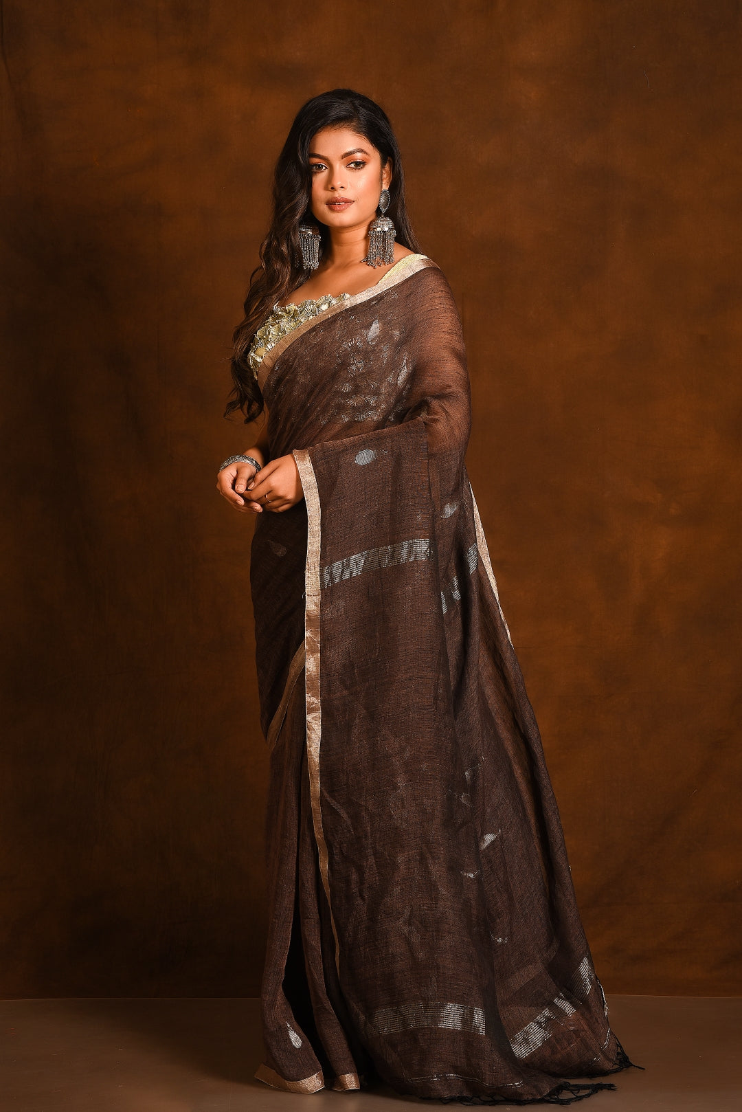 Brown Pure Linen Jamdani Handloom Saree