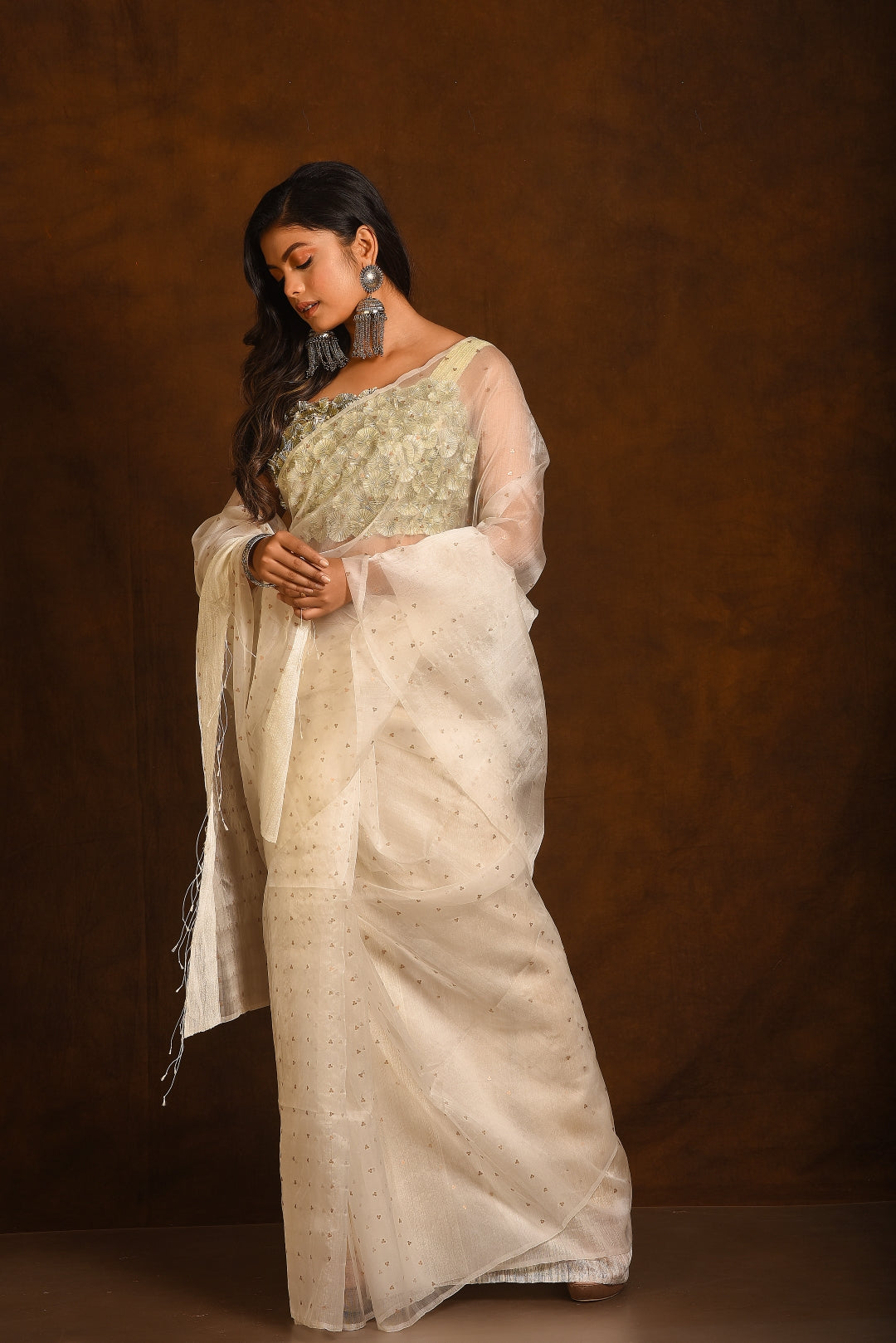 White Pure Organza Silk Handloom Saree