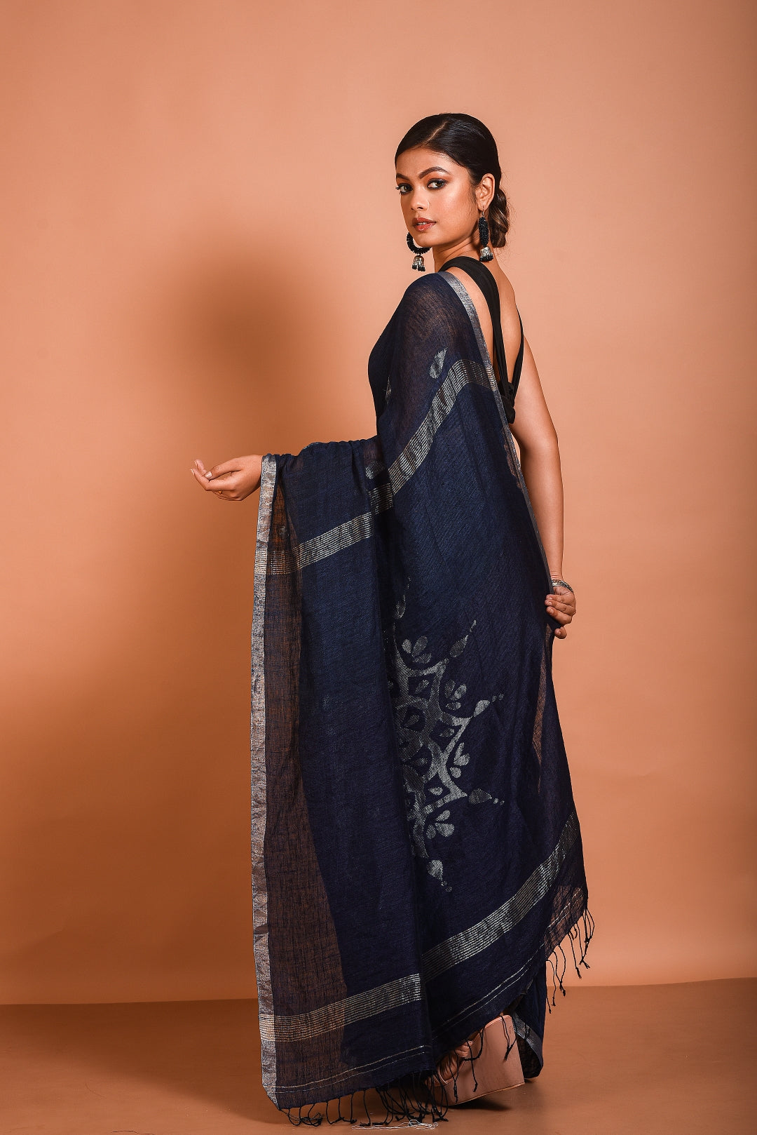Blue Pure Linen Jamdani Handloom Saree