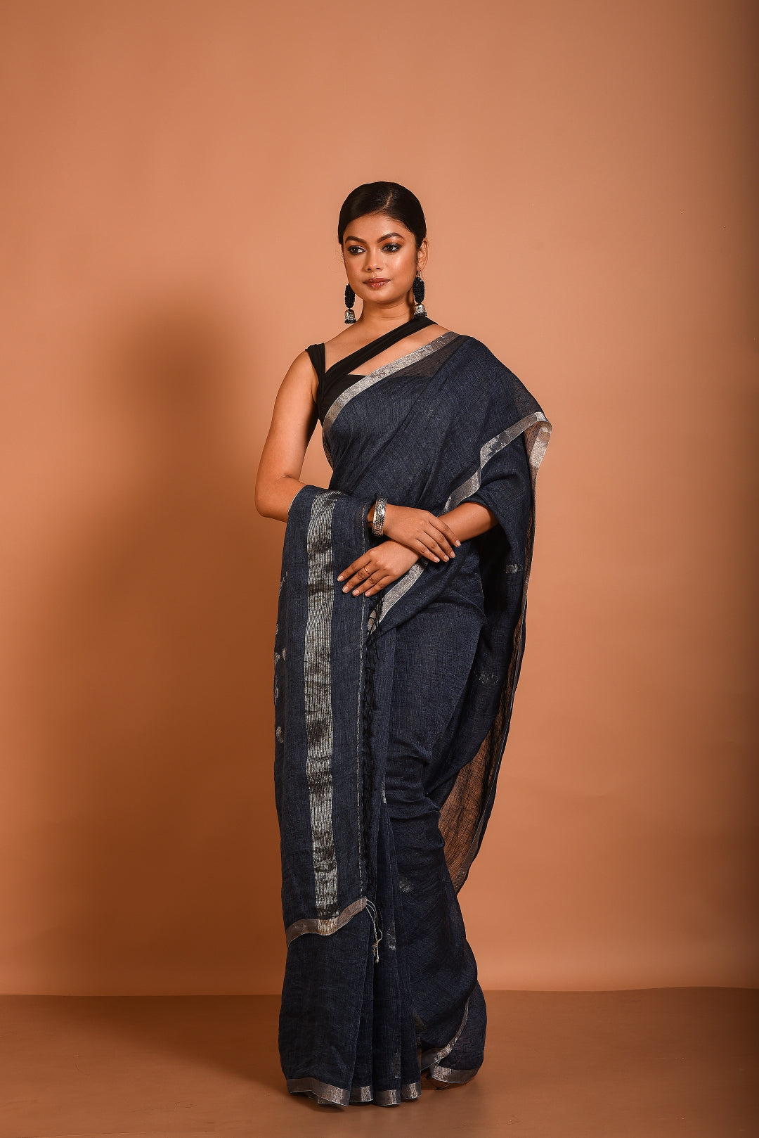 Blue Pure Linen Jamdani Handloom Saree