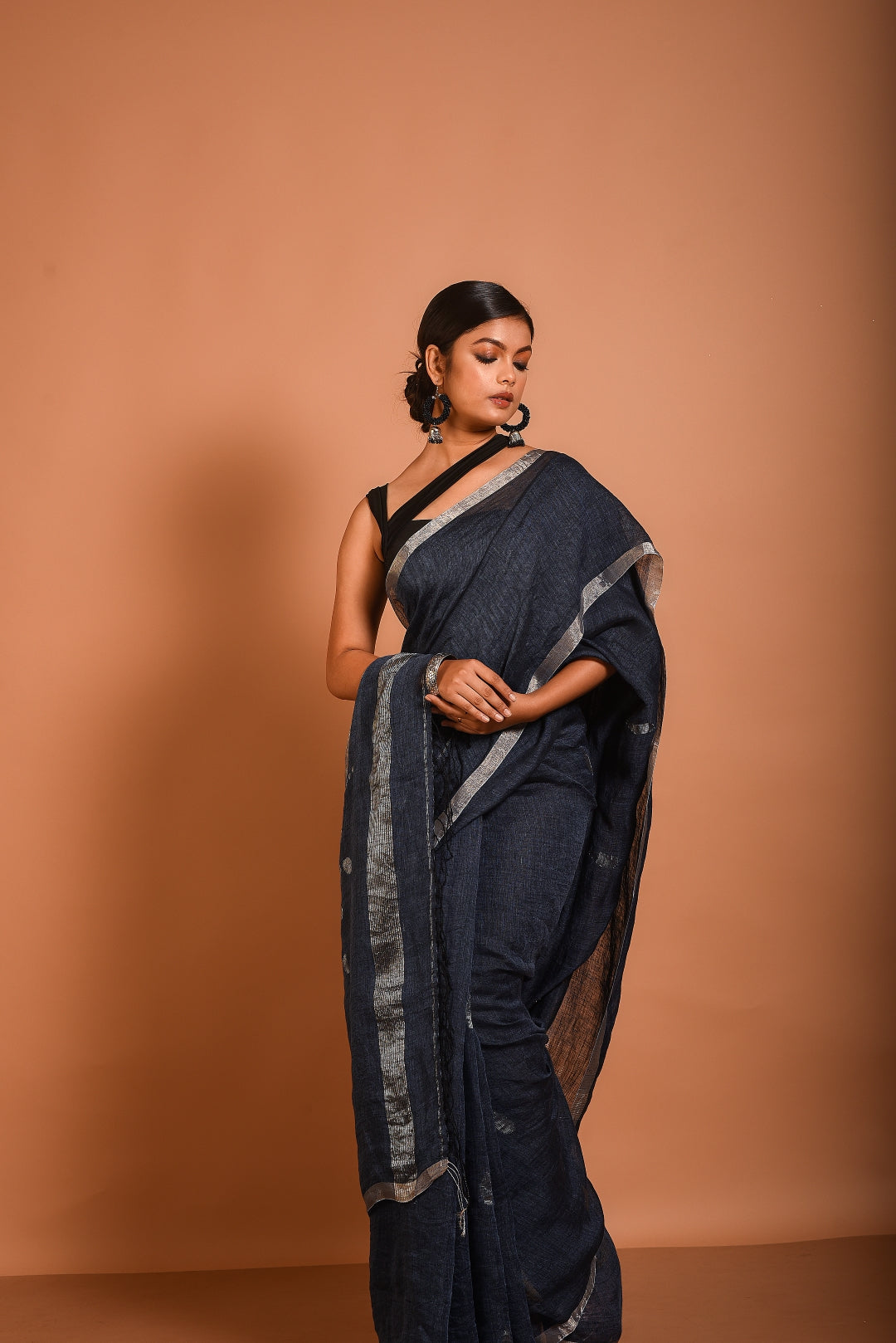 Blue Pure Linen Jamdani Handloom Saree