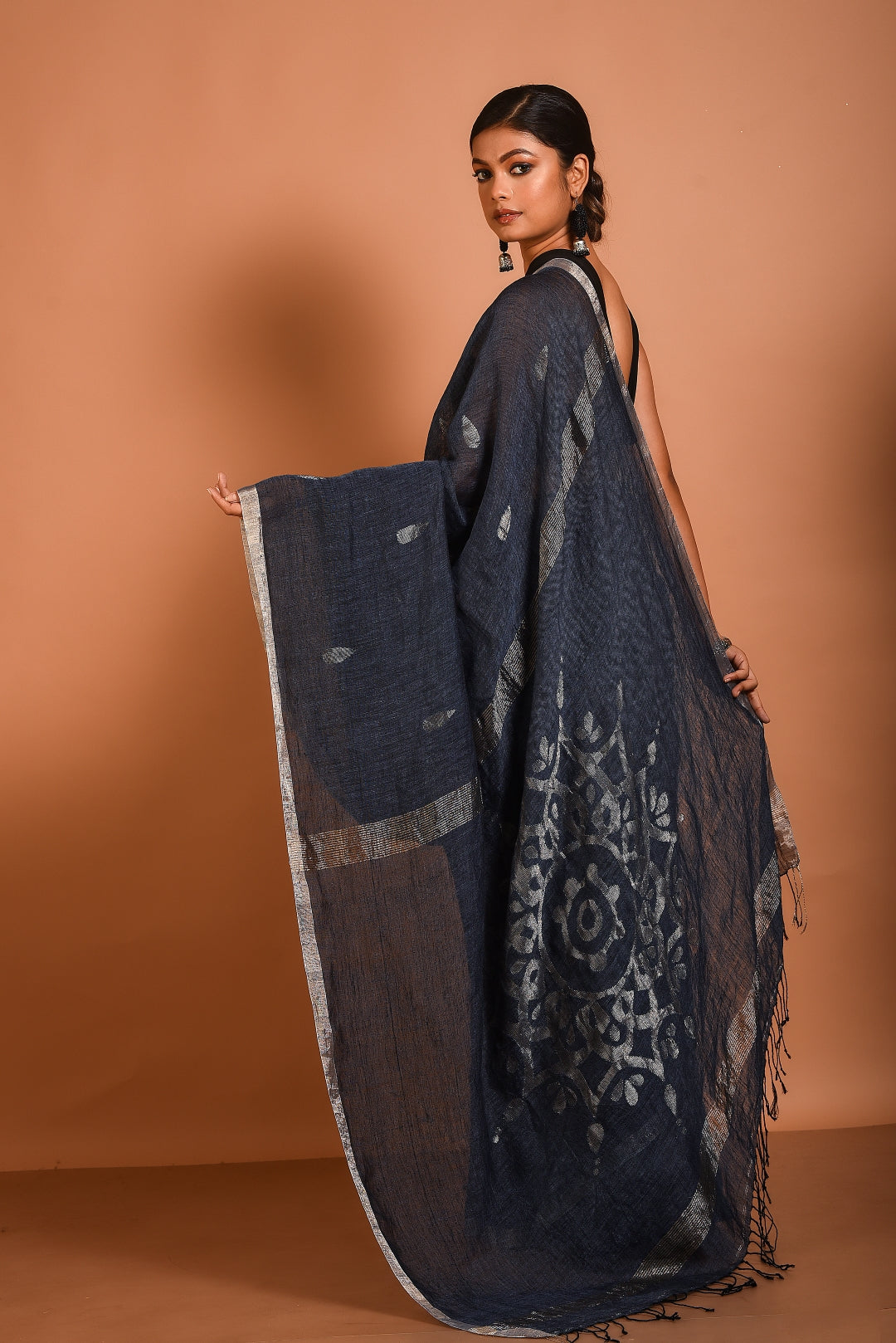 Blue Pure Linen Jamdani Handloom Saree