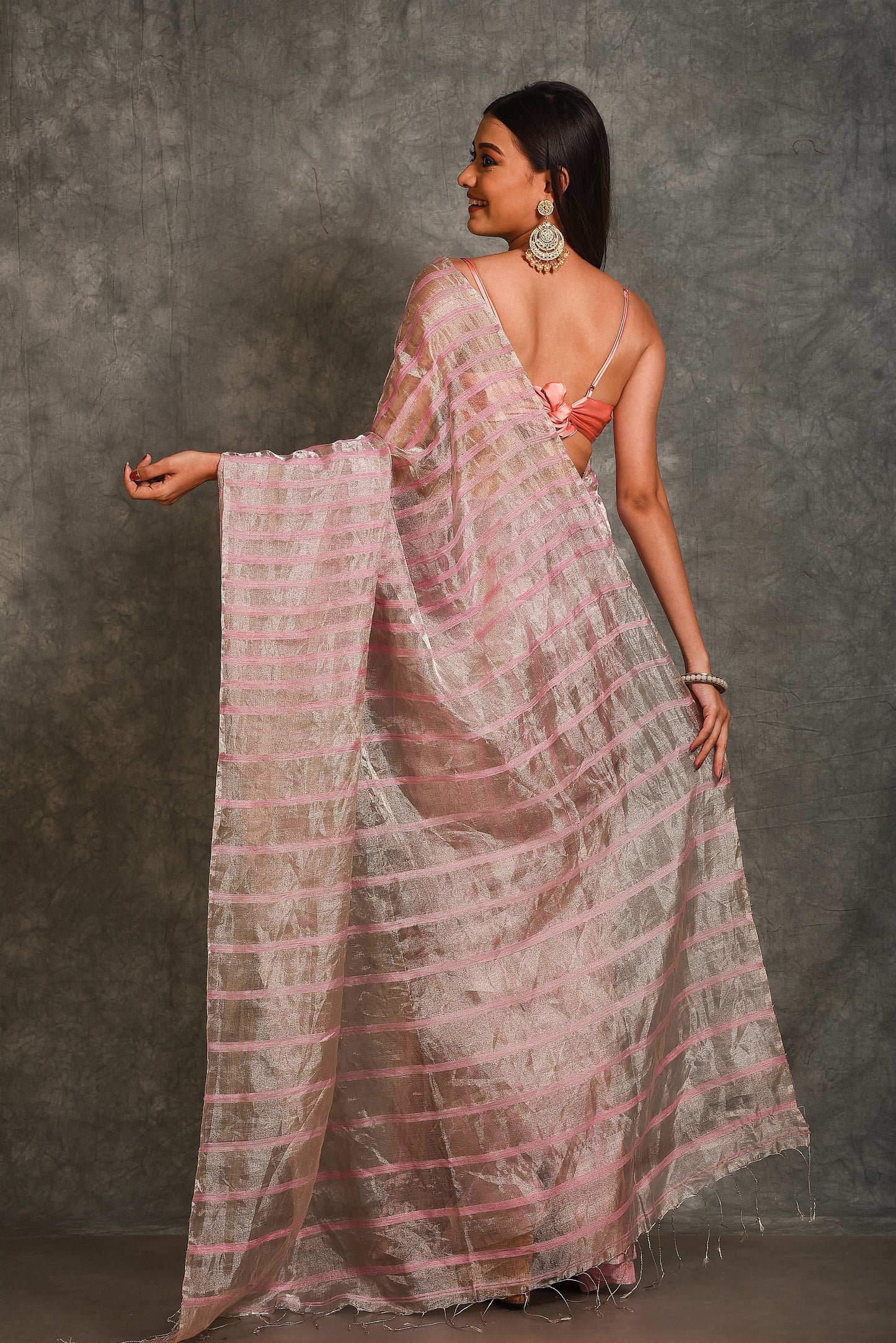 Pink Tissue Organza Silk Handloom Saree