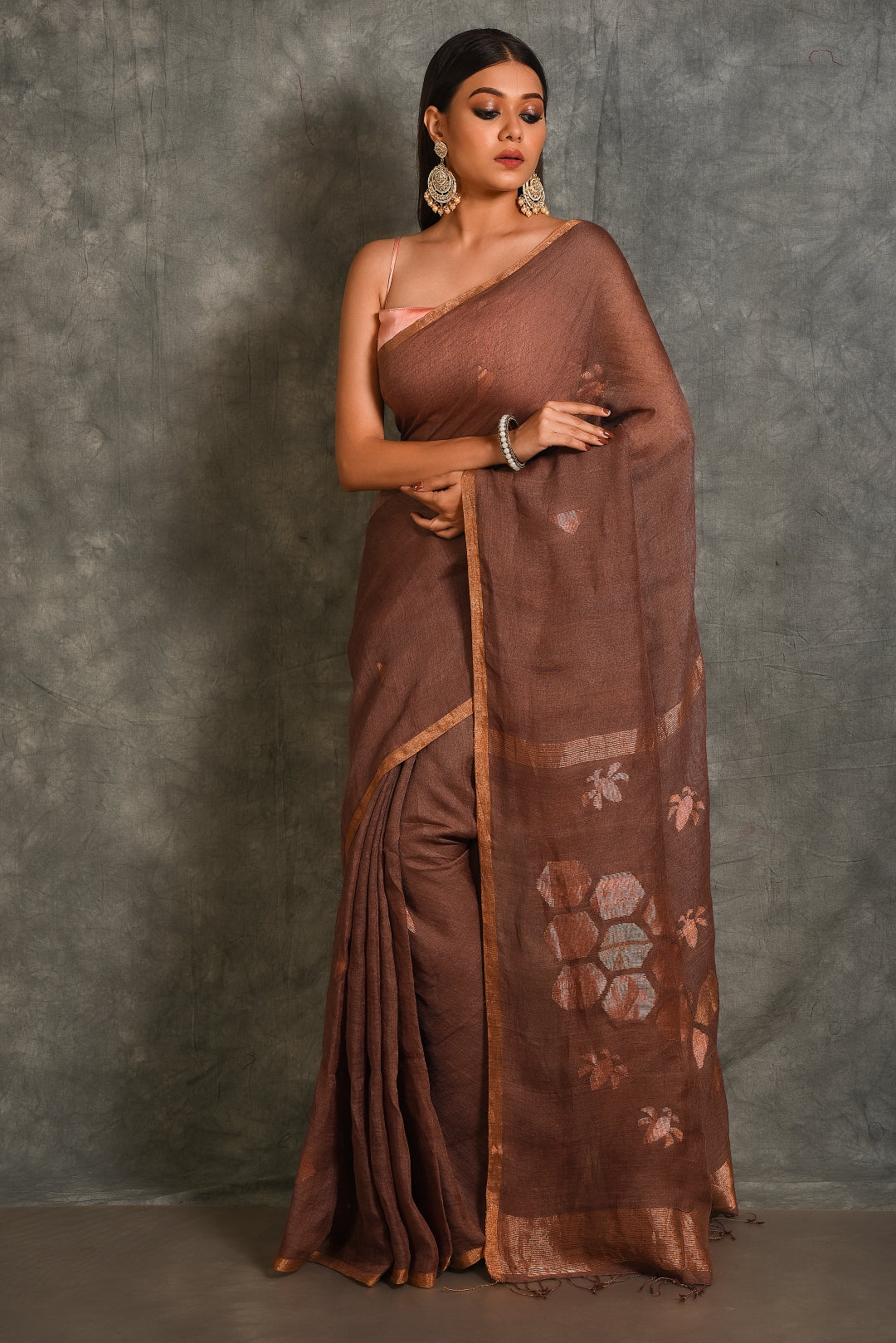 Brown Pure Linen Jamdani Handloom Saree