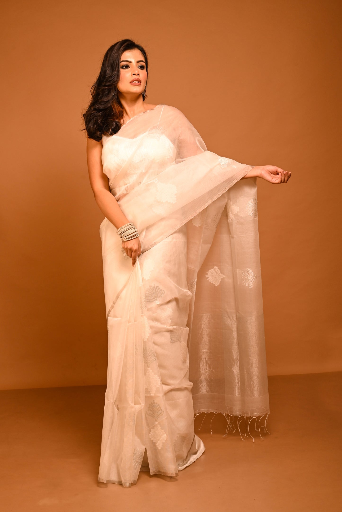 White Pure Organza Silk Jamdani Handloom Saree