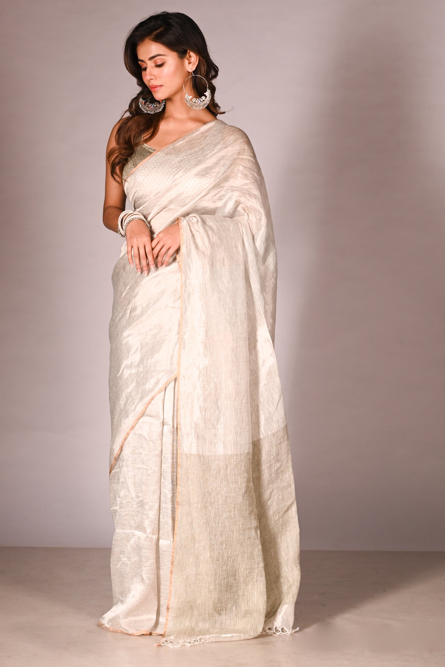 Silver Pure Linen Tissue Handloom Saree