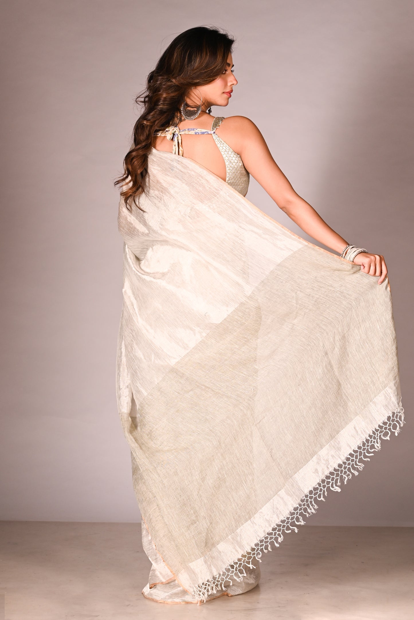 Silver Pure Linen Tissue Handloom Saree