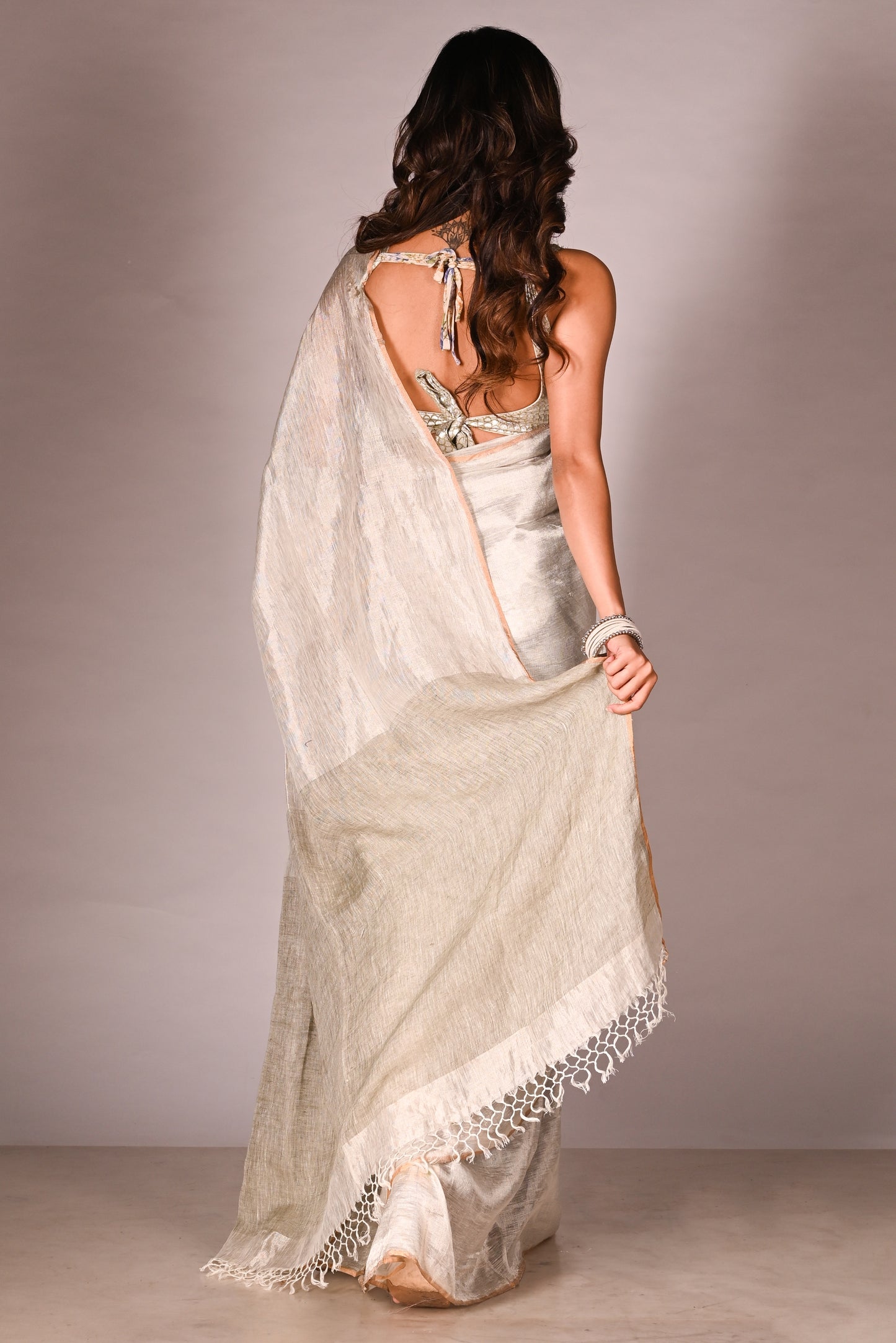 Silver Pure Linen Tissue Handloom Saree