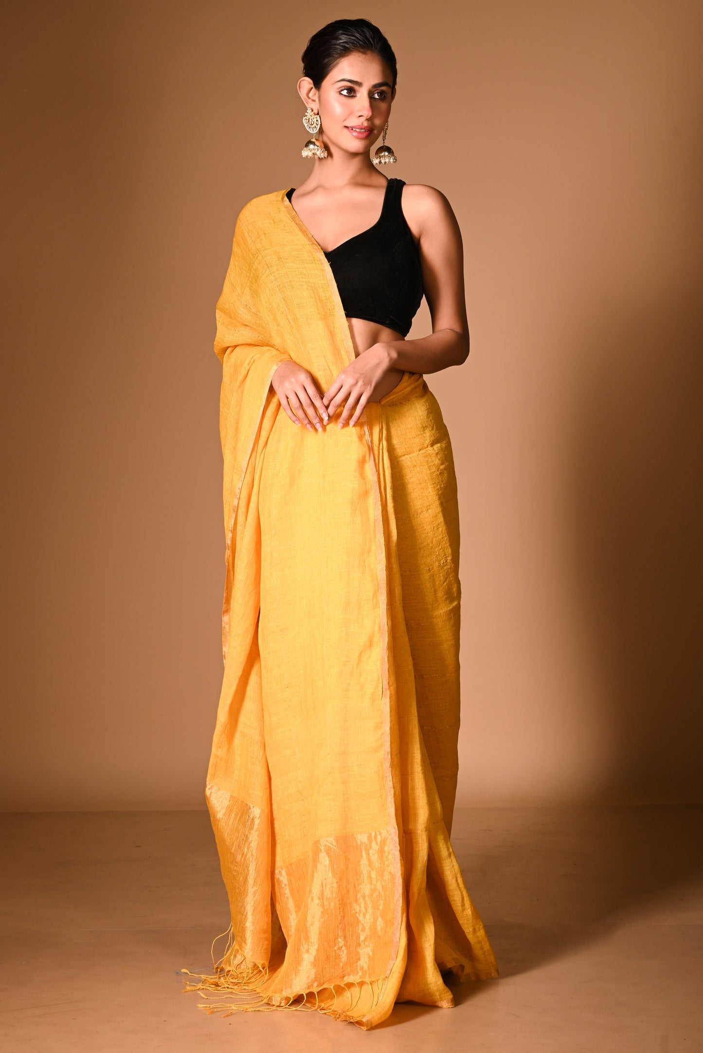 Yellow Pure Linen Handloom Saree