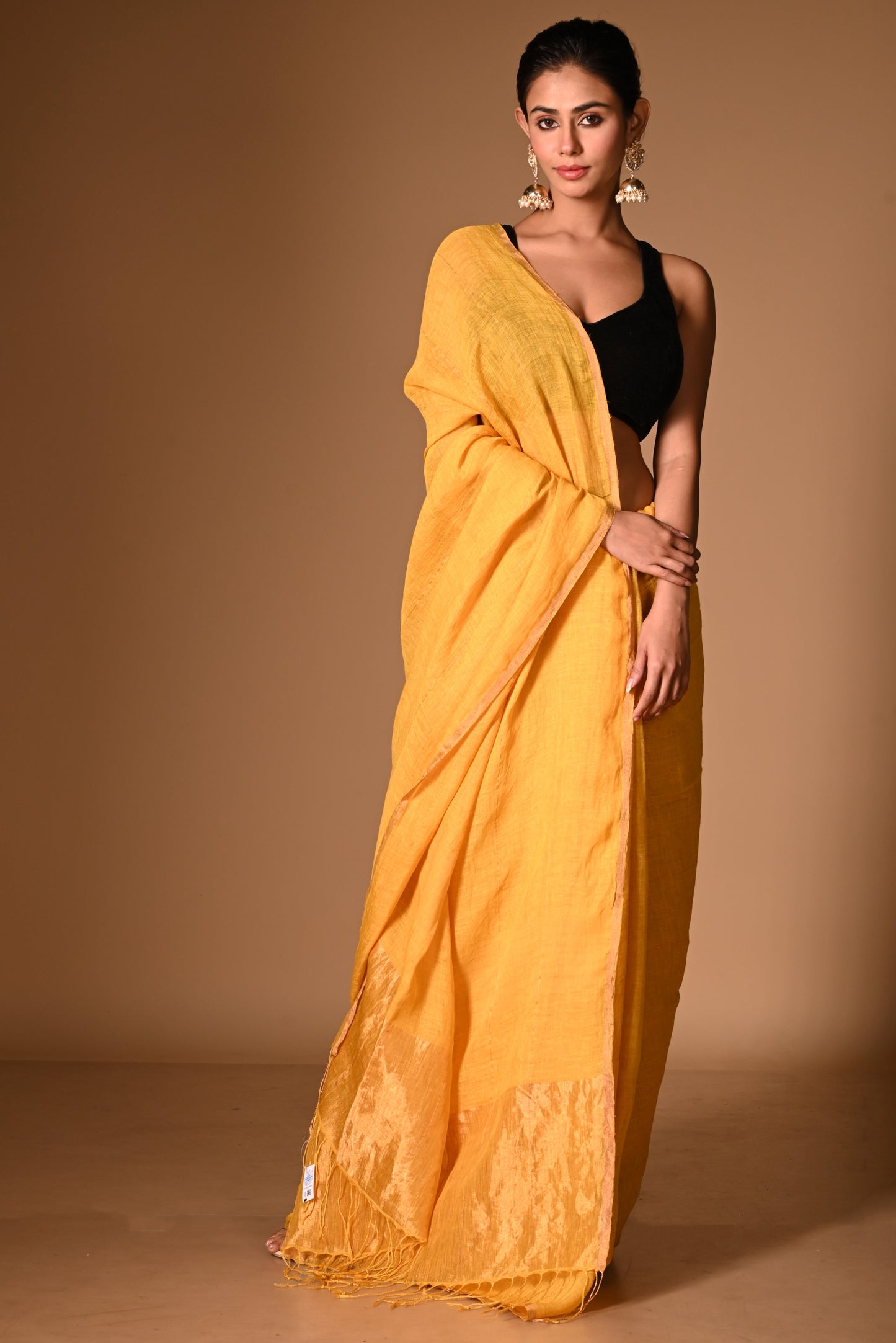 Yellow Pure Linen Handloom Saree