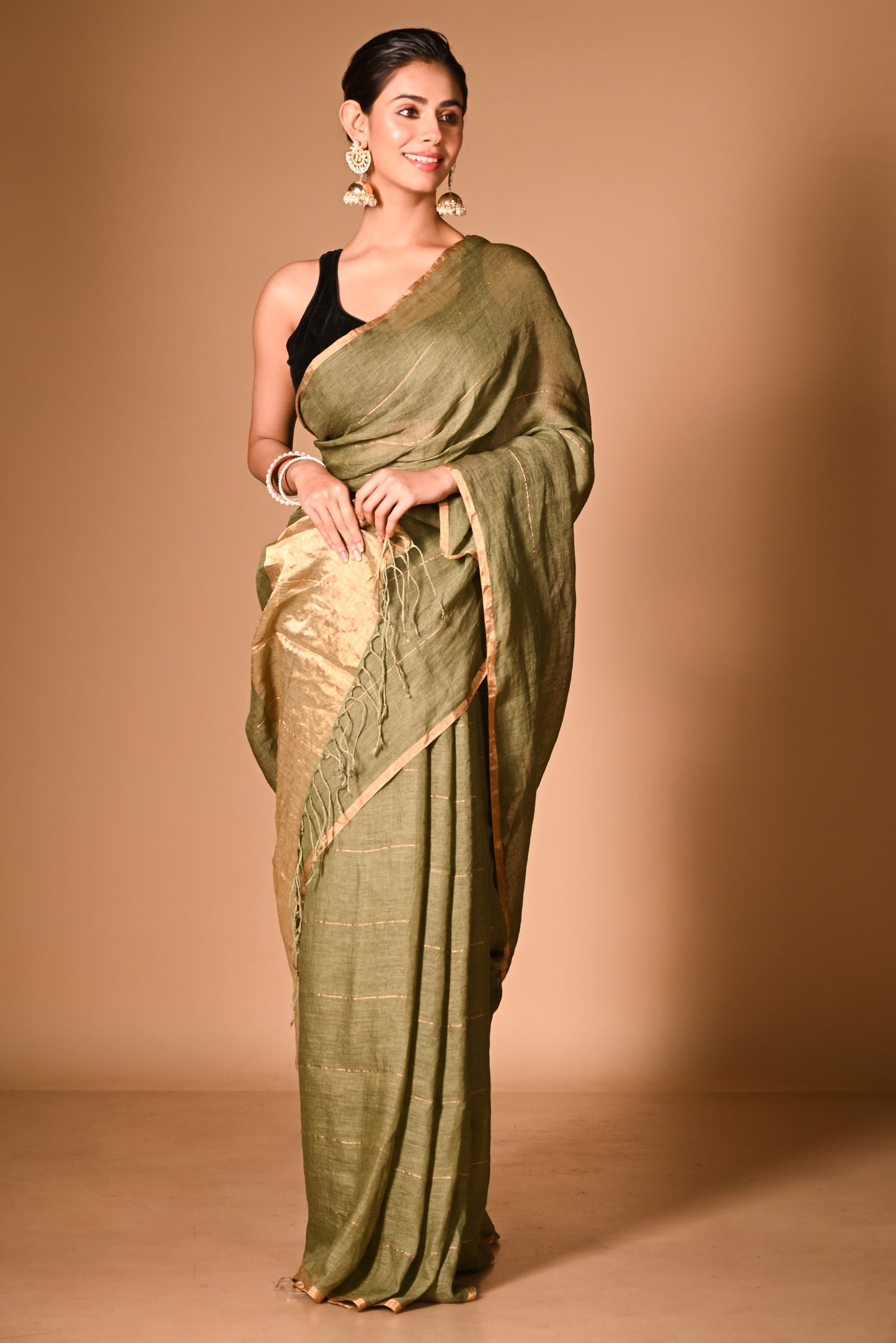 Green Pure Linen Handloom Saree