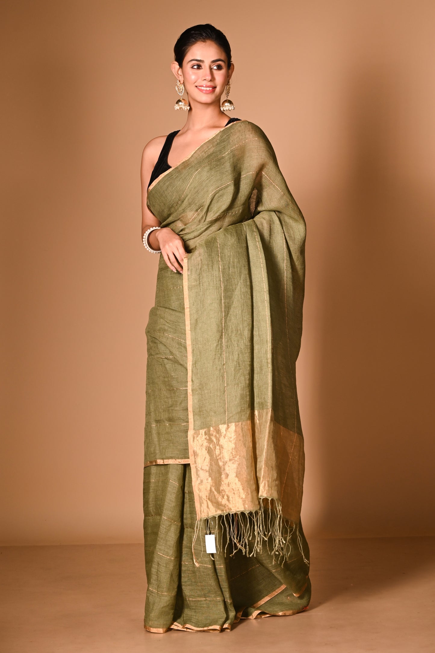 Green Pure Linen Handloom Saree