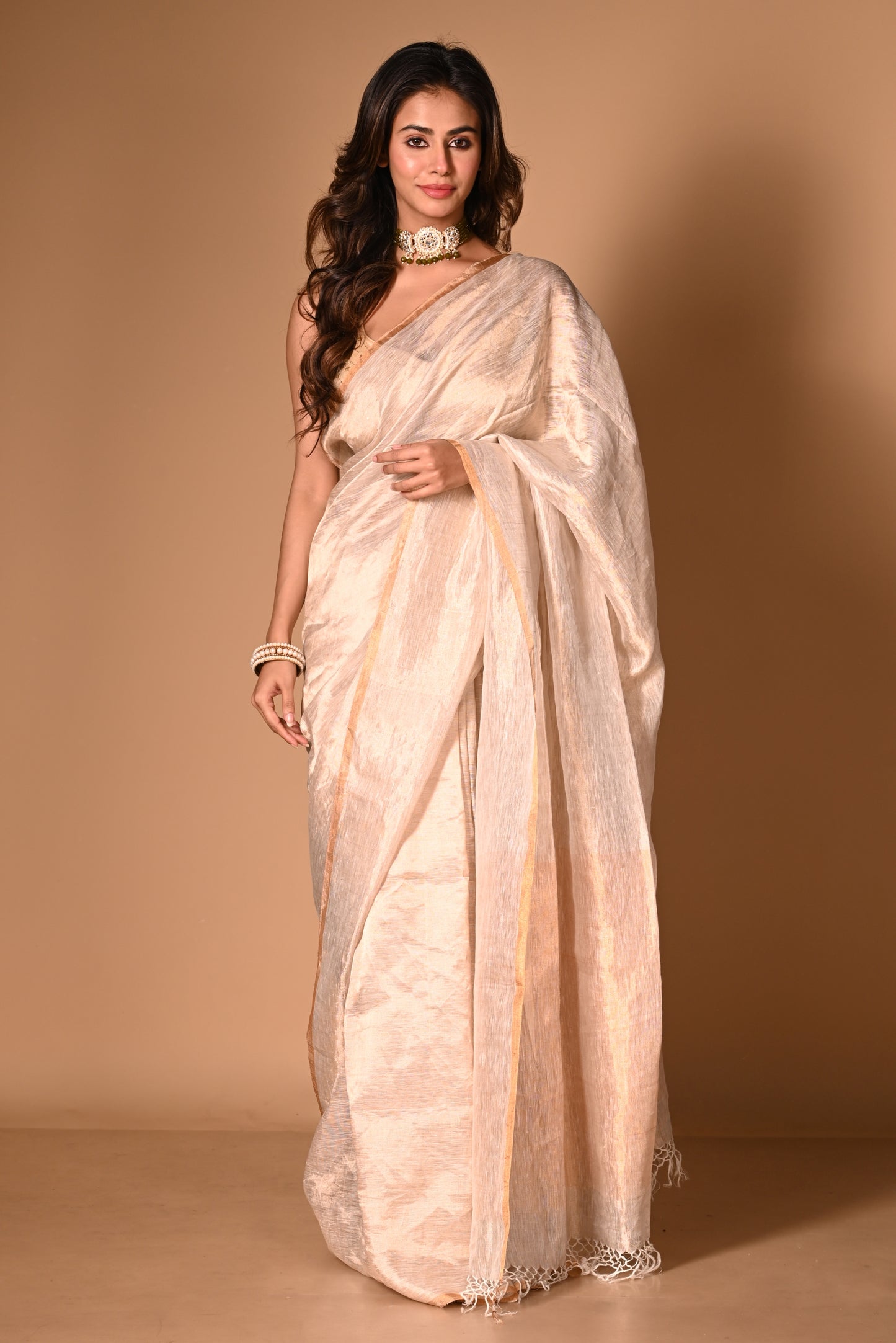 Copper Pure Linen Tissue Handloom Saree