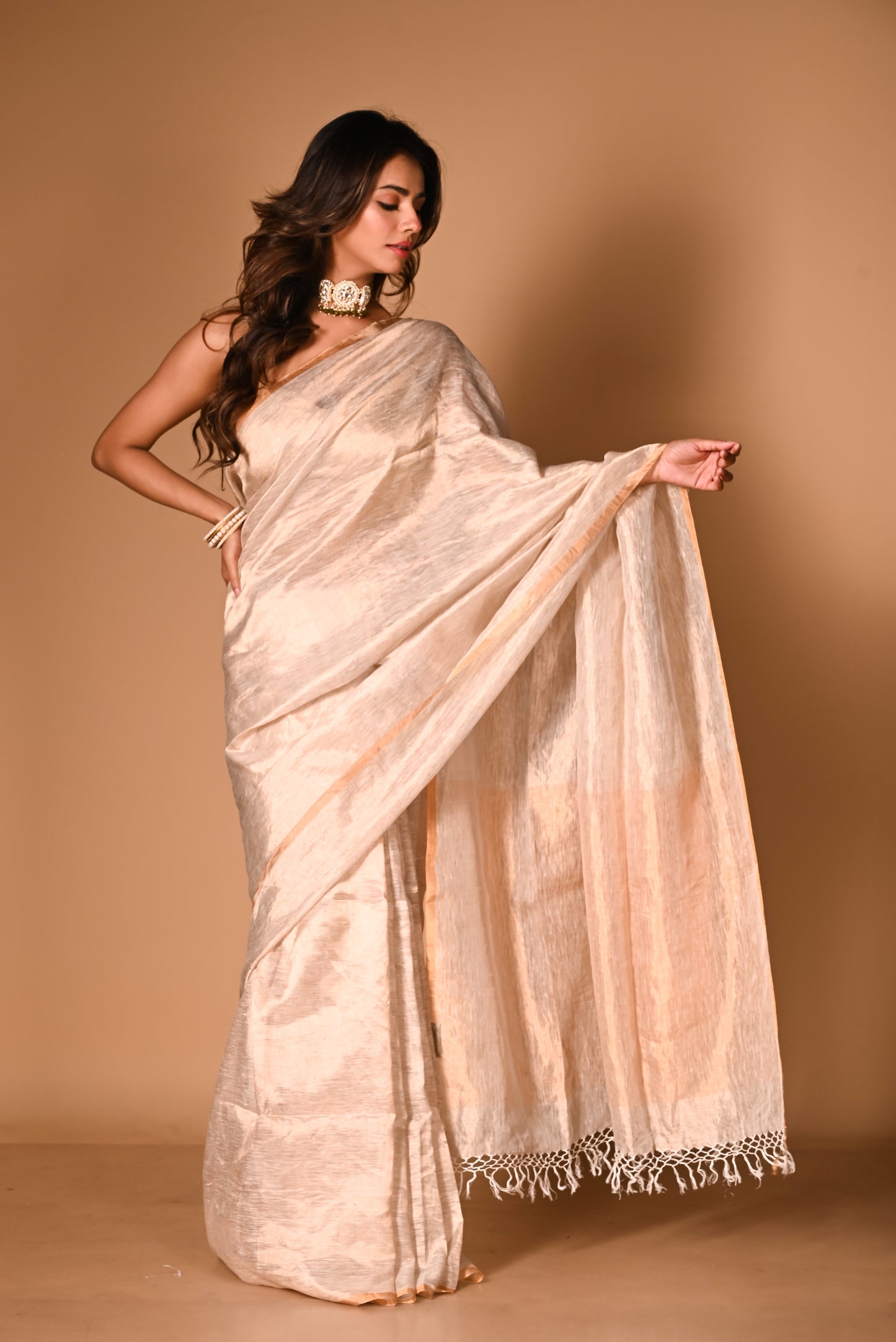 Copper Pure Linen Tissue Handloom Saree