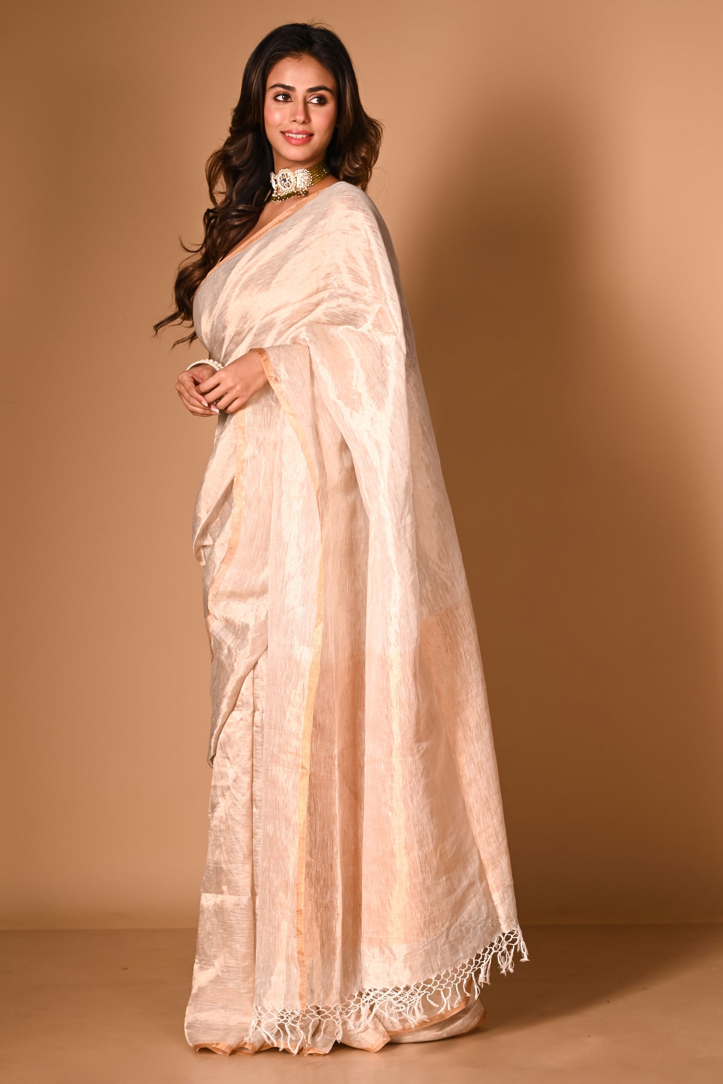 Copper Pure Linen Tissue Handloom Saree