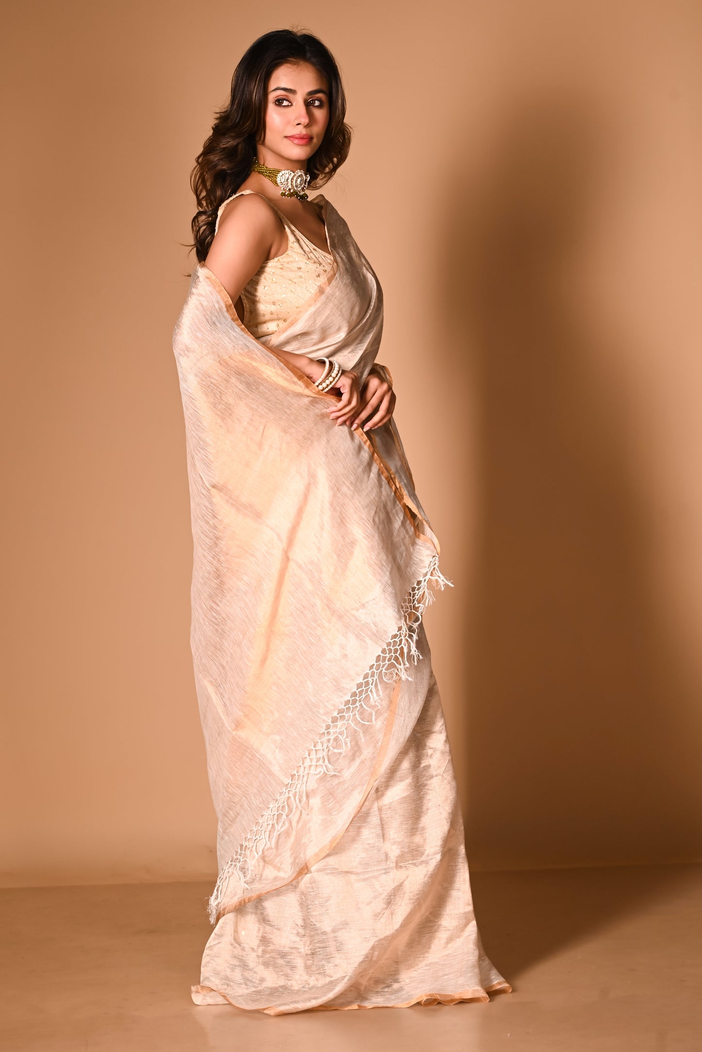 Copper Pure Linen Tissue Handloom Saree